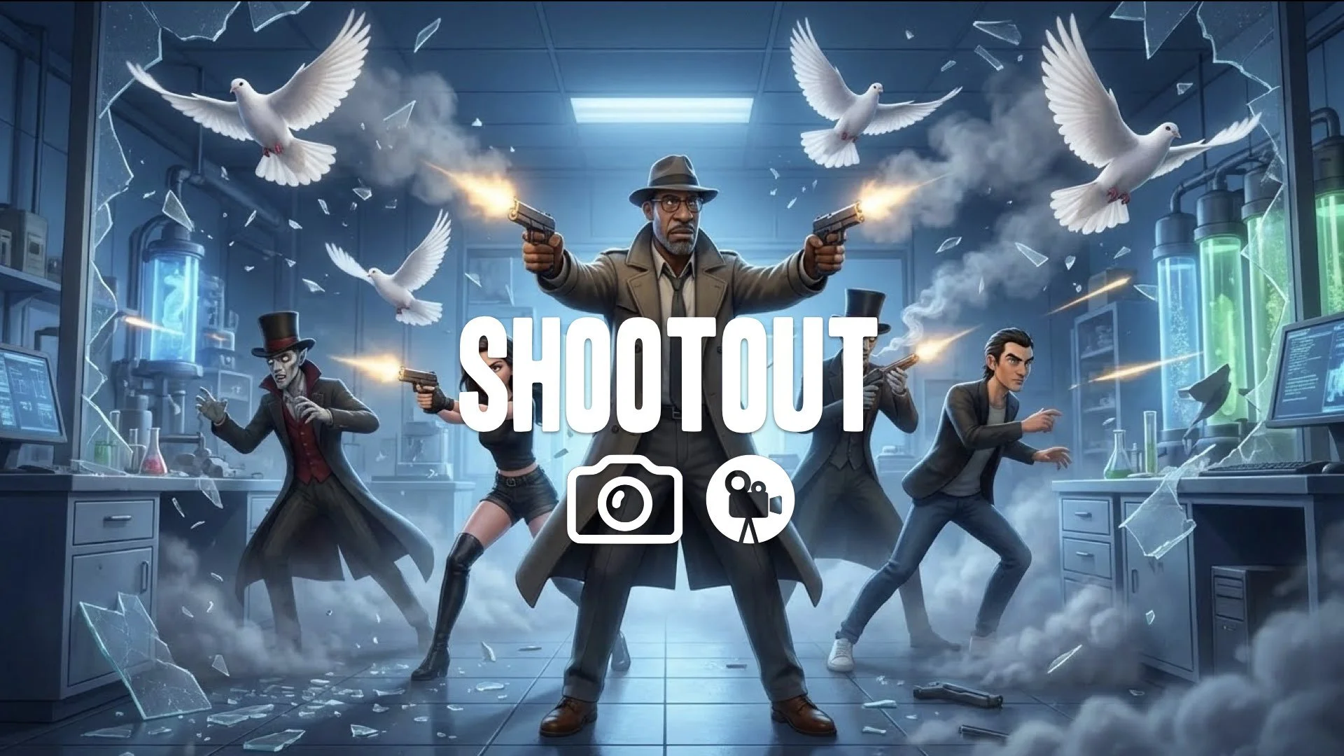 1. Dual pistol shootout biotech lab glass shattering white doves flying chaos gunsmoke no music