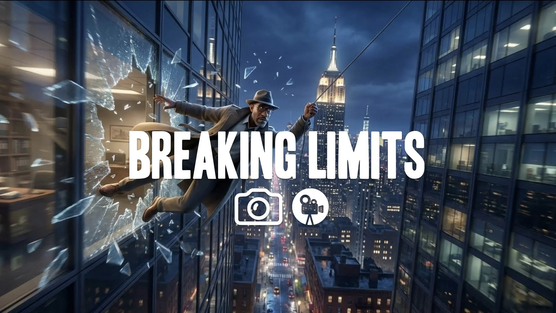 1. Swinging between skyscrapers night city lights glass breaking immense height cinematic swing no music