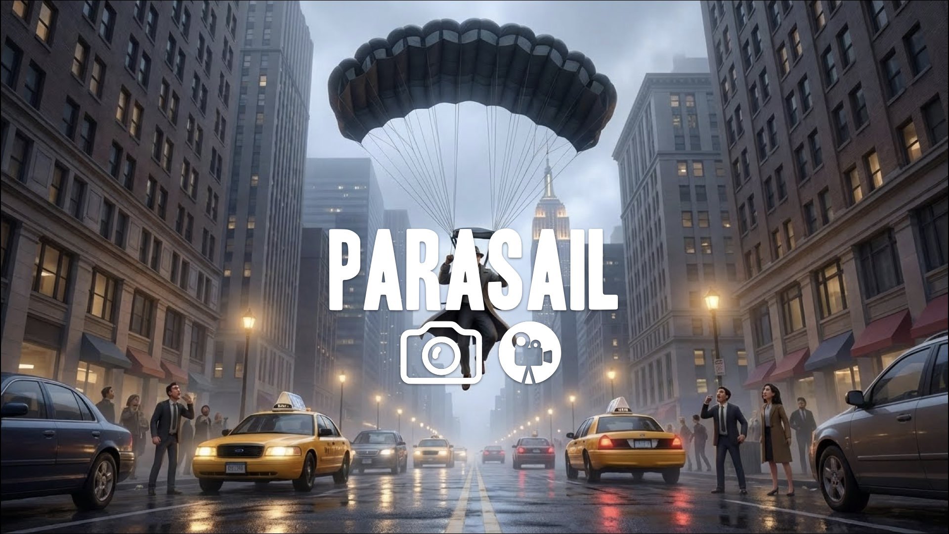 1. Base jump off skyscraper parachute opening just above street level traffic cinematic escape no music