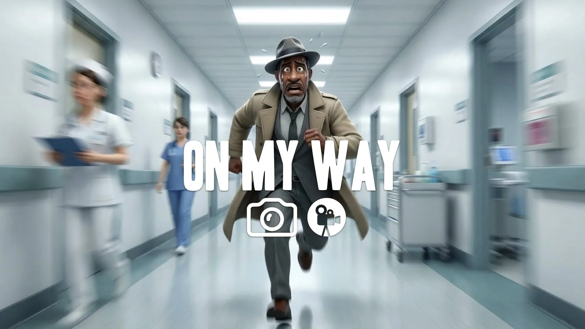 1. Agent sprinting desperately through hospital corridors frantic motion blur panic no music