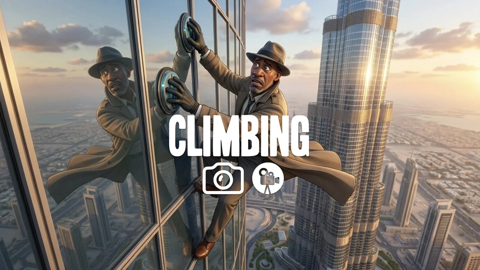 1. Agent running sideways on skyscraper glass swinging around building corner immense scale no music