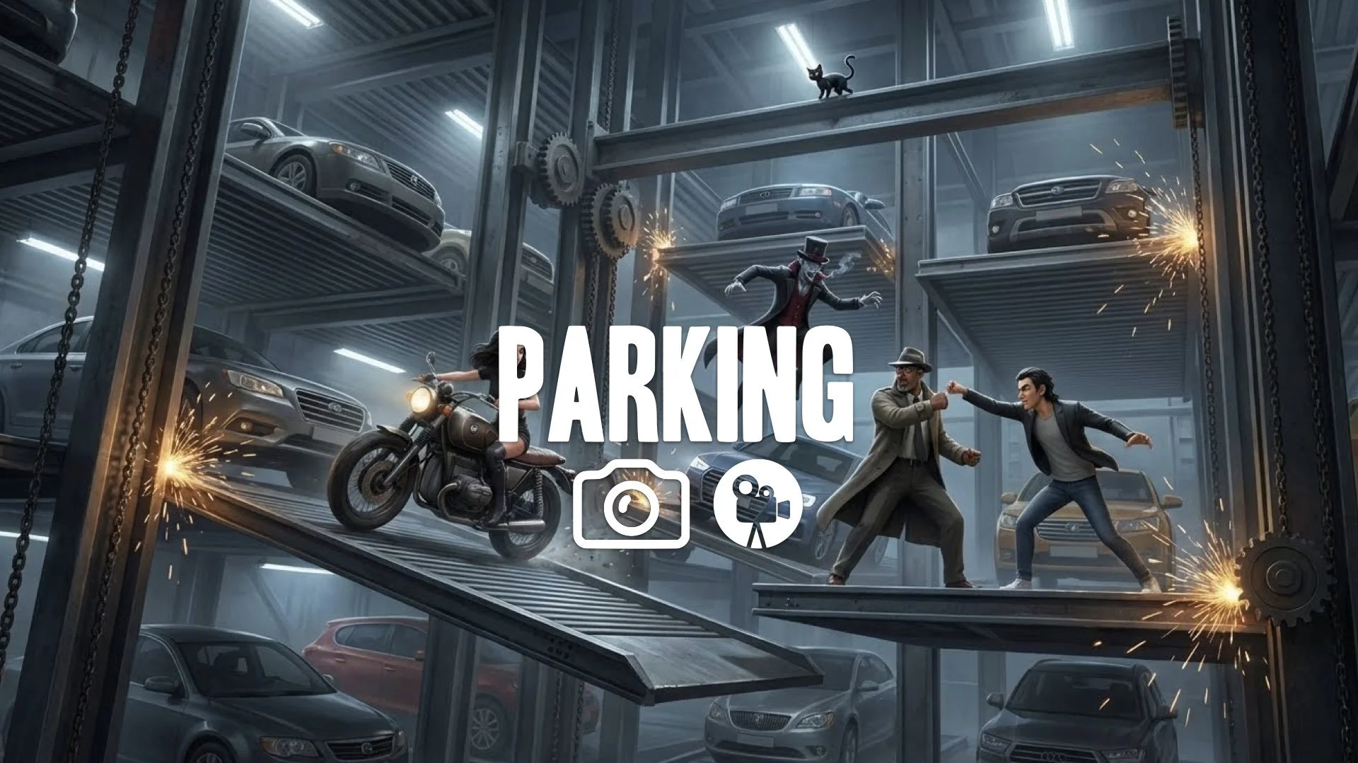1. Fight inside vertical automated car park moving platforms vehicles shifting dynamic levels no music