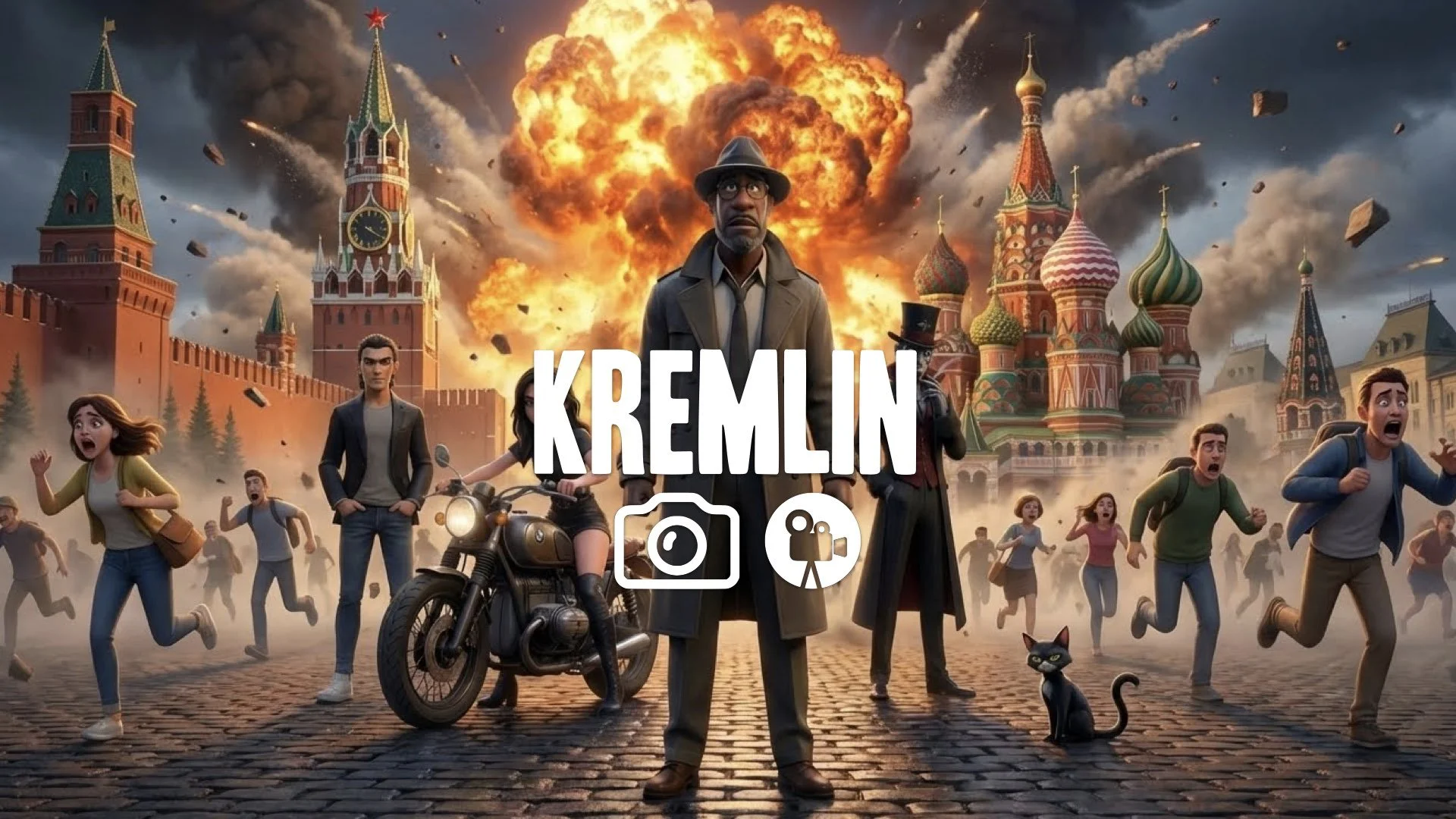 1. Kremlin Red Square massive explosion shockwave debris flying tourists running panic no music