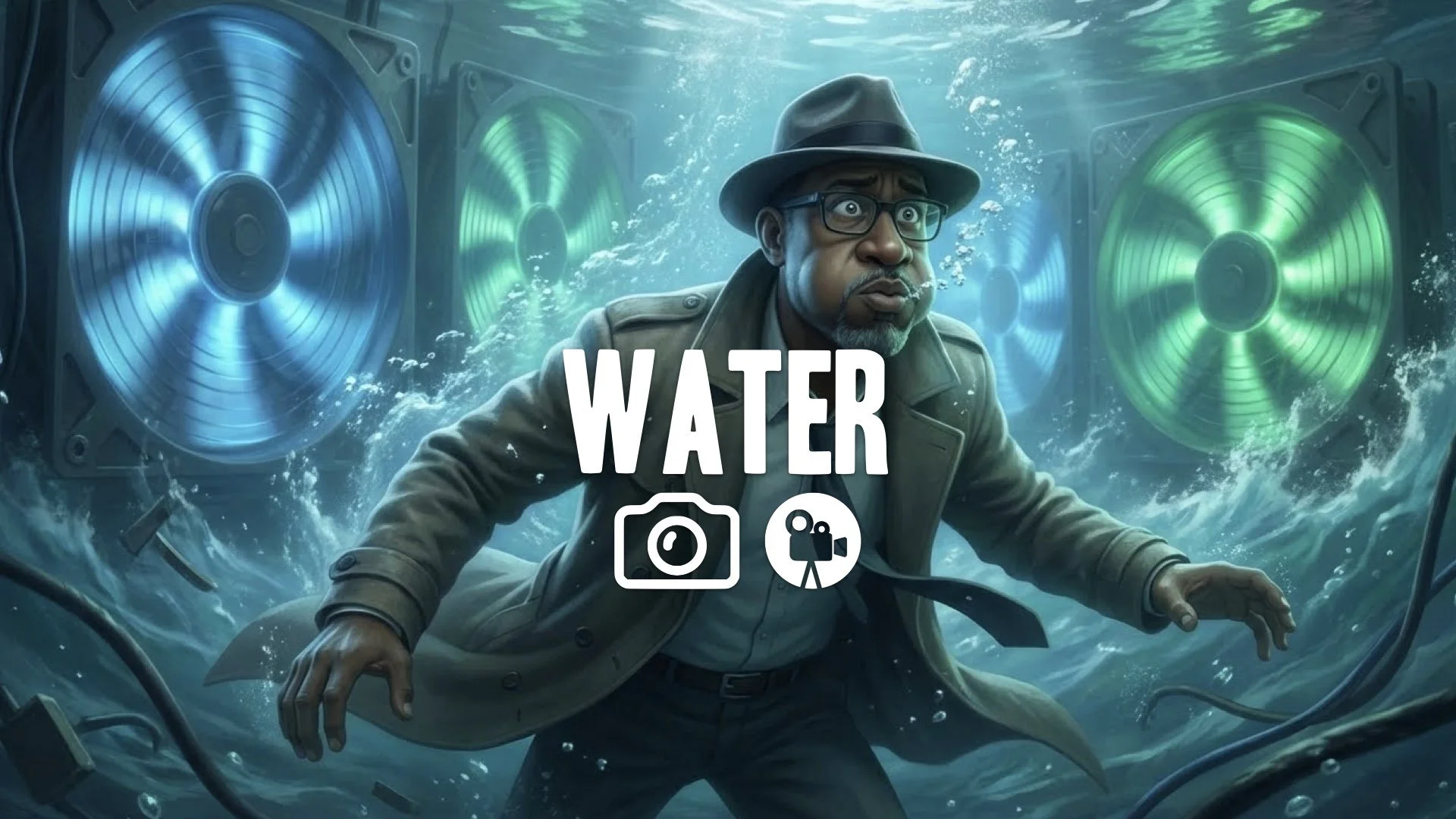 1. Agent underwater holding breath giant spinning data cooling fans currents struggle no music