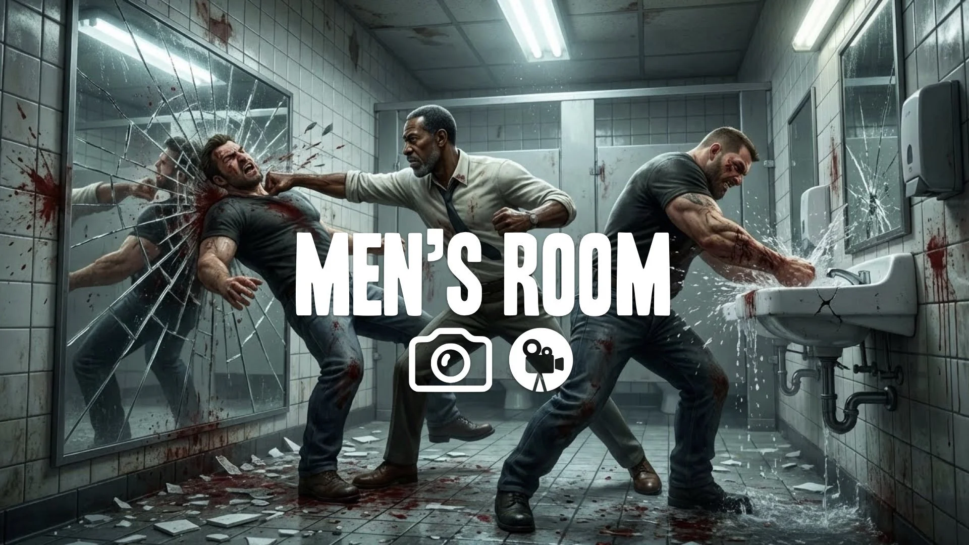 1. Brutal bathroom fight smashing mirrors sinks pipes breaking intense close quarters combat no music