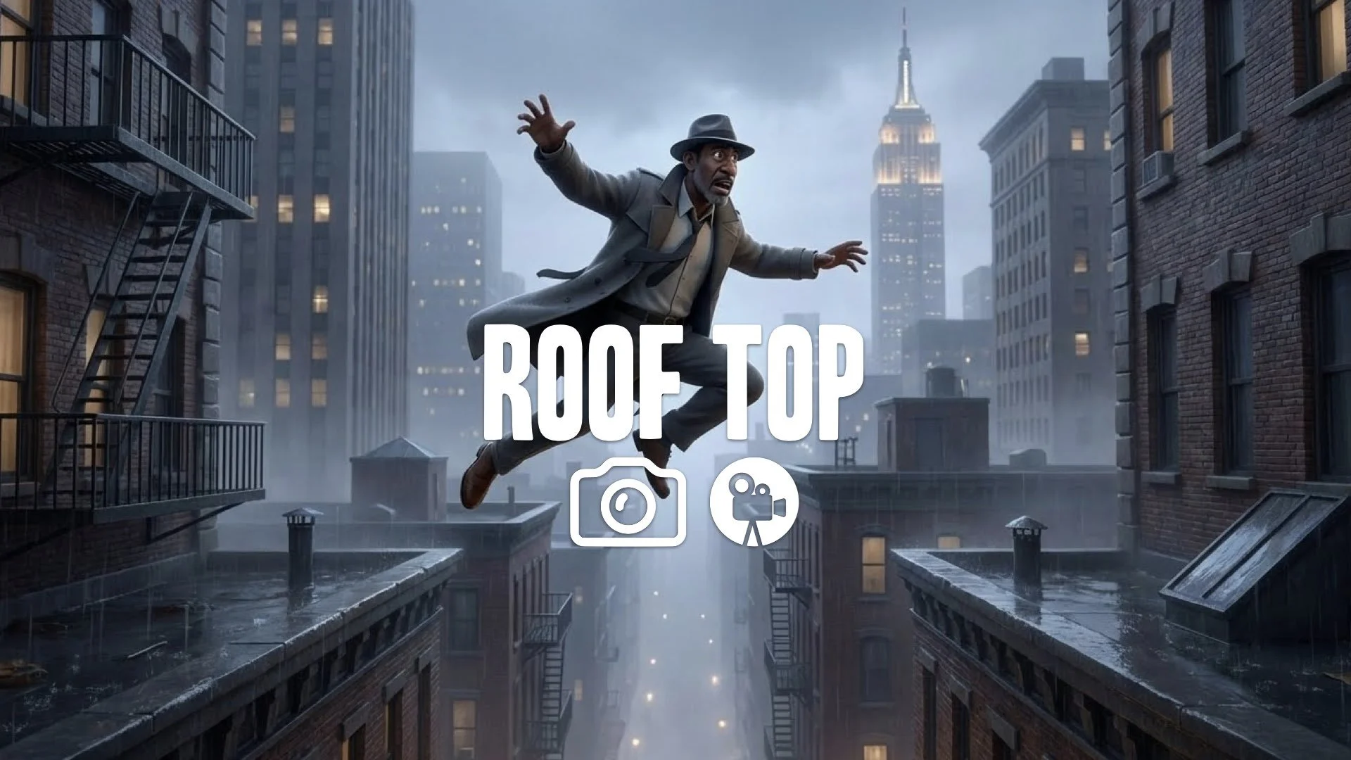 1. Agent sprinting across rooftops massive jump between buildings desperate leap gap no music