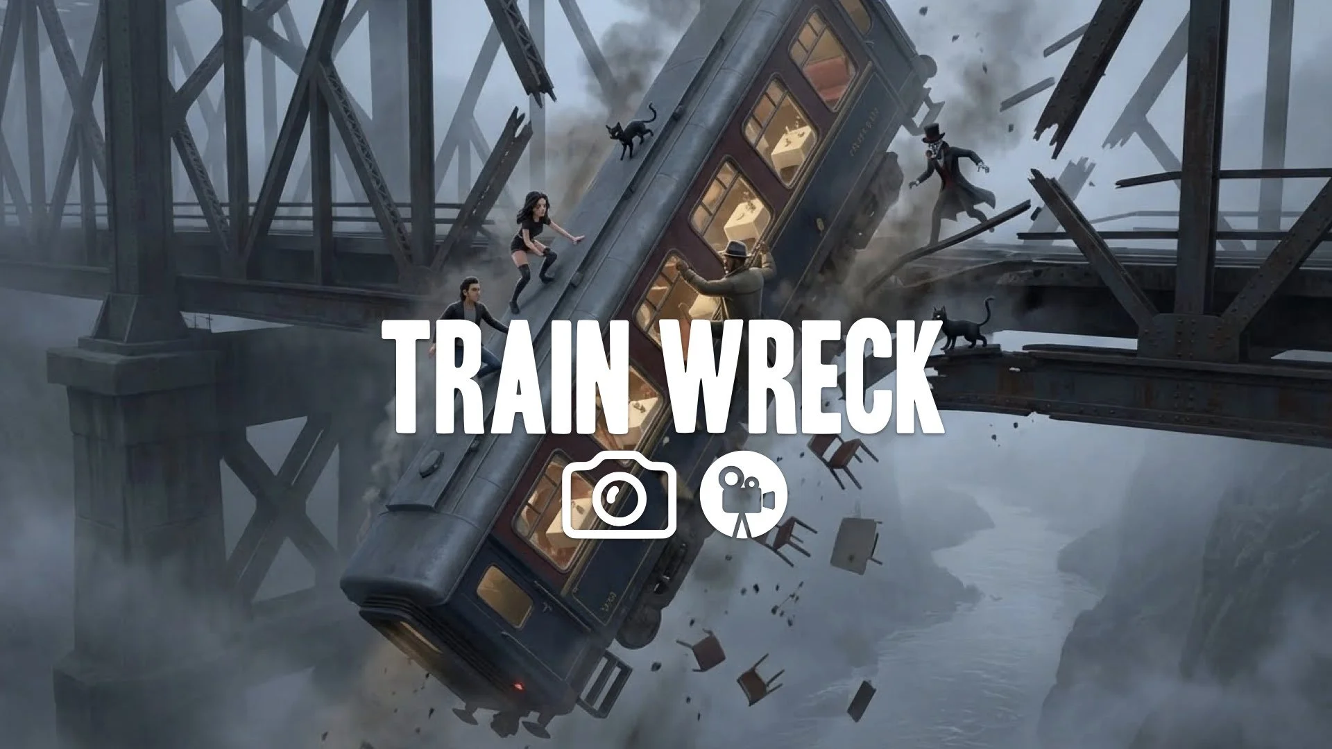 1. Train carriage hanging vertically off broken bridge agent climbing up falling debris dining car no music