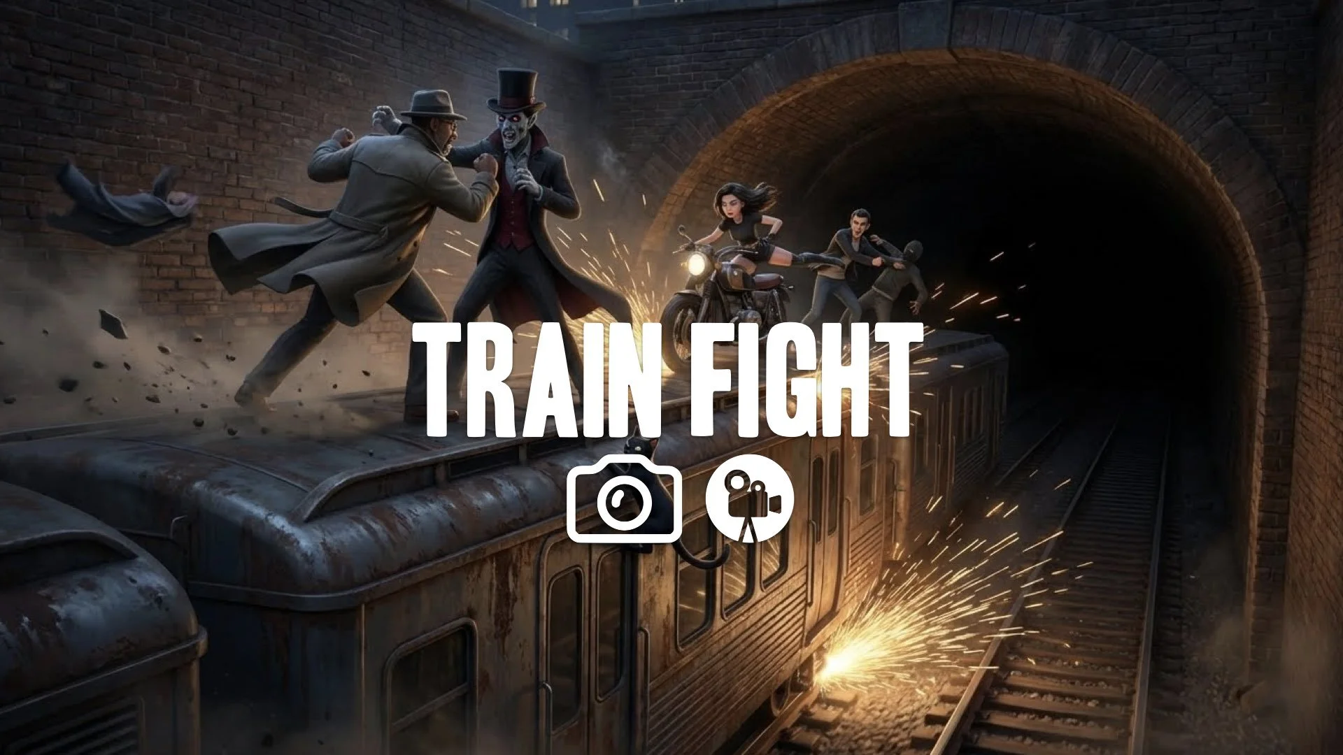 1. Fight on top of speeding train entering dark tunnel sparks flying wind narrow clearance no music