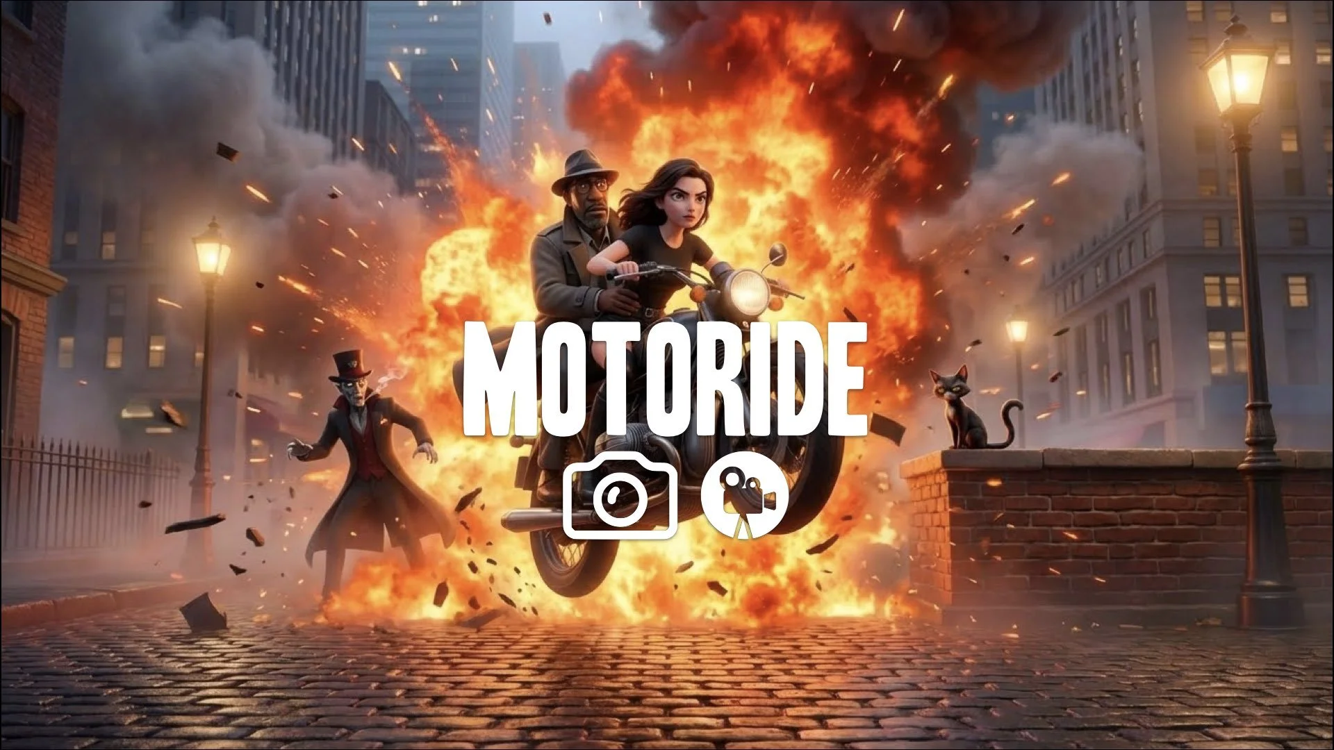 1. Motorcycle chase through fire explosion jumping through flames smoke slow motion action no music