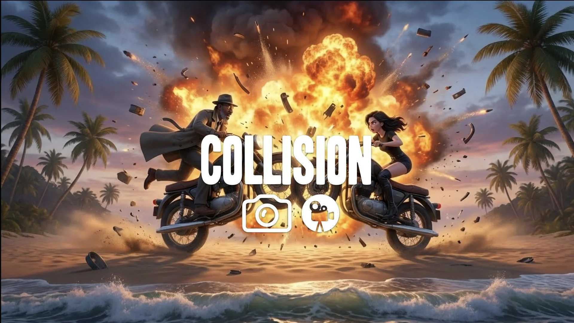 1. Two motorcycles driving head on collision course mid-air crash explosion beach no music