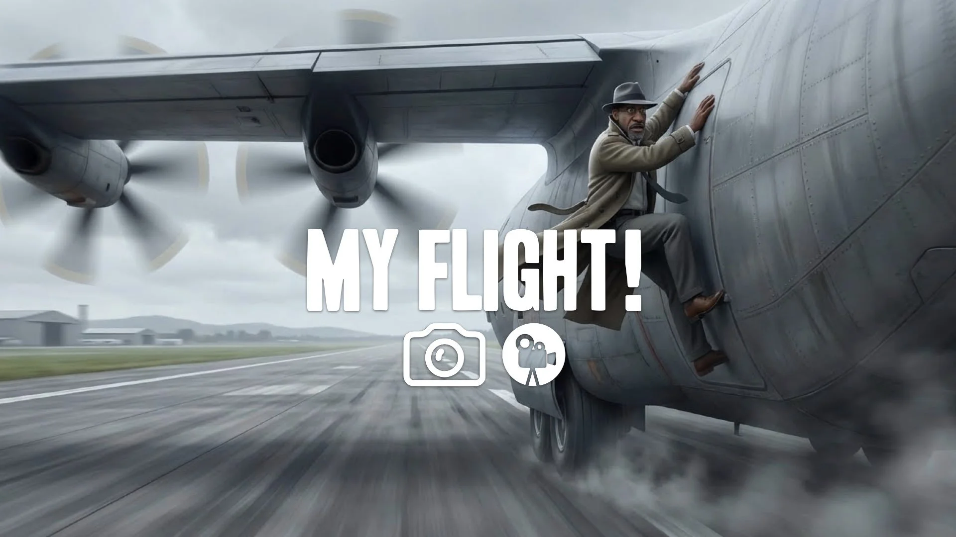 1. Agent hanging onto side of massive cargo plane taking off runway wind force speed blur no music