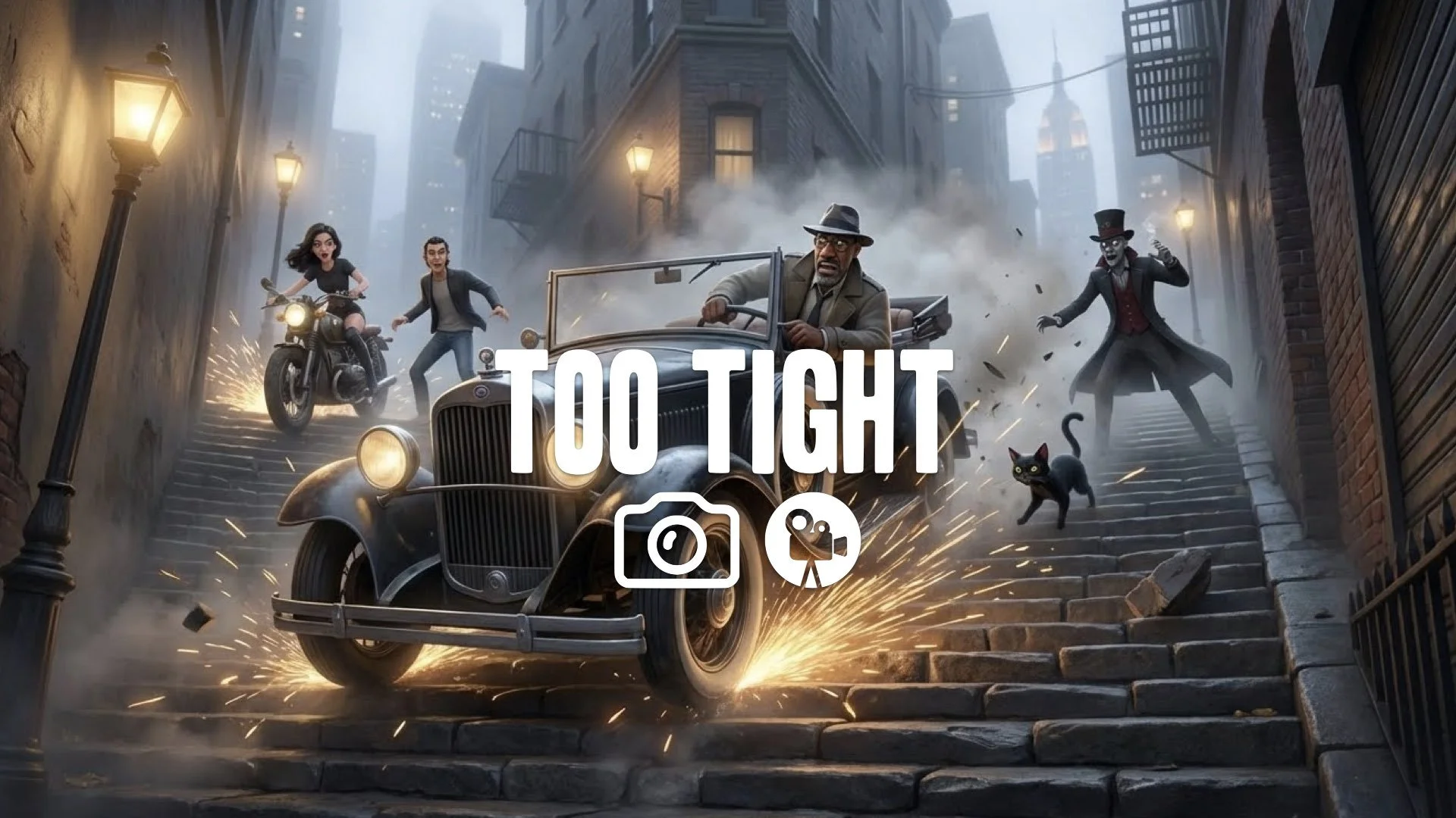 1. Car driving backwards down narrow stone stairs alley sparks scraping chaotic action no music