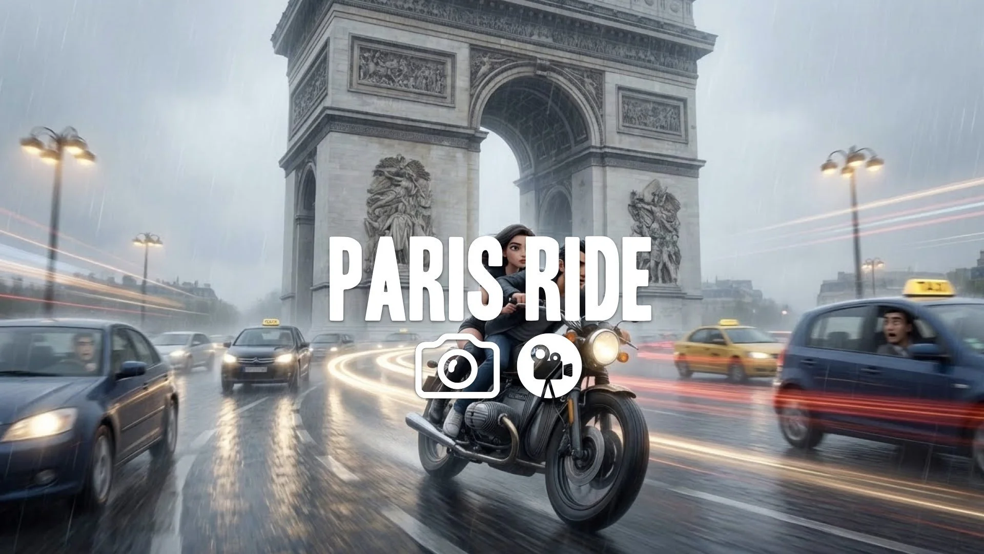 1. Motorcycle weaving through Paris traffic Arc de Triomphe roundabout wrong way speed blur no music