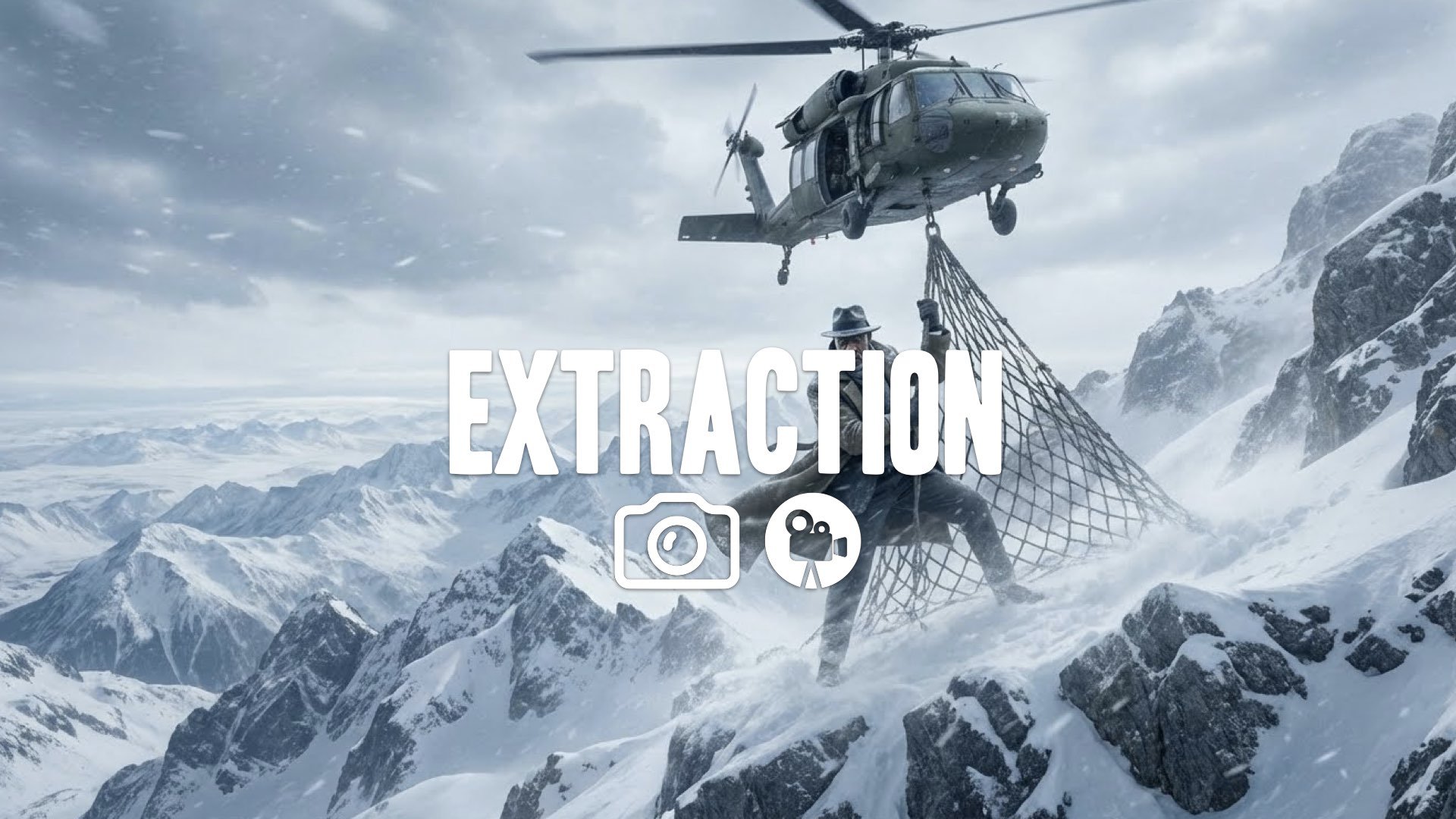 1. Agent hanging from helicopter cargo net over snowy mountains frigid wind epic landscape no music