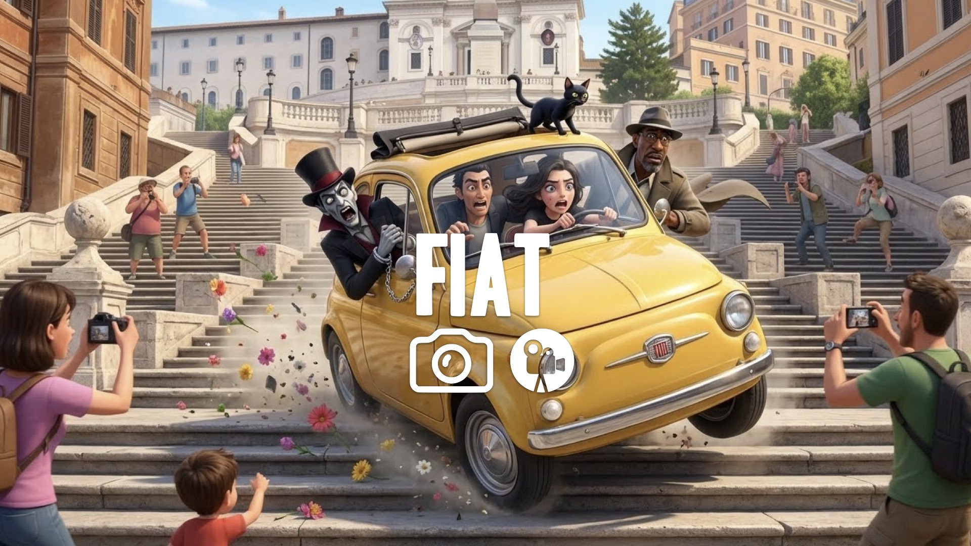 1. Tiny yellow Fiat 500 handcuffed driving down Spanish Steps drifting chaotic funny action no music