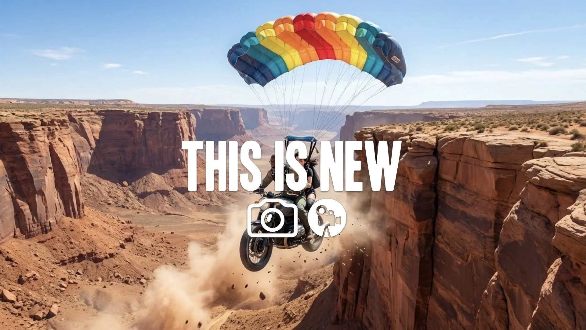 1. Motorcycle riding off massive cliff base jump parachute opening just before canyon ground no music