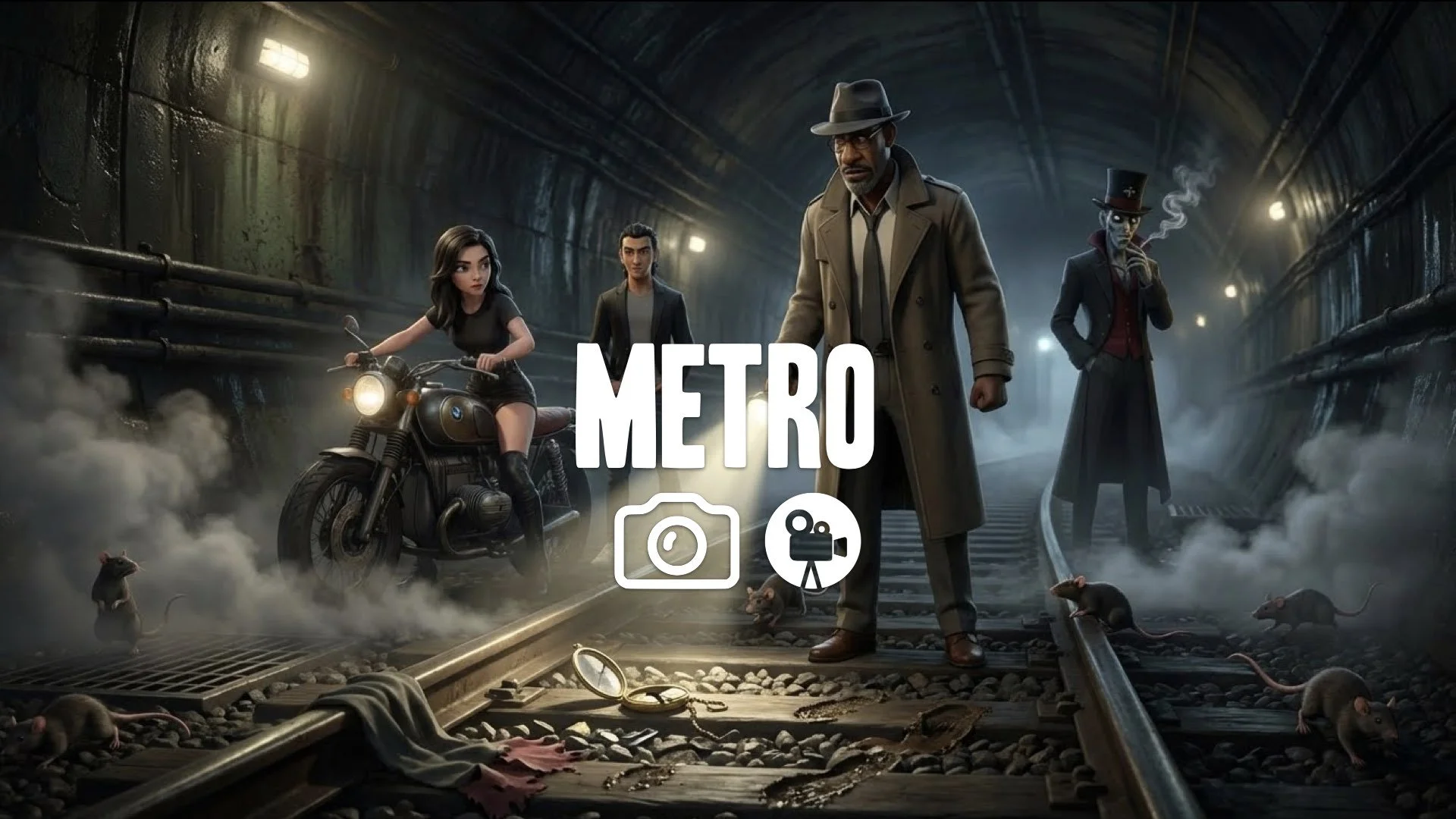 1. Subway track crime scene steam rising flashlight beam revealing evidence rats running gritty no music