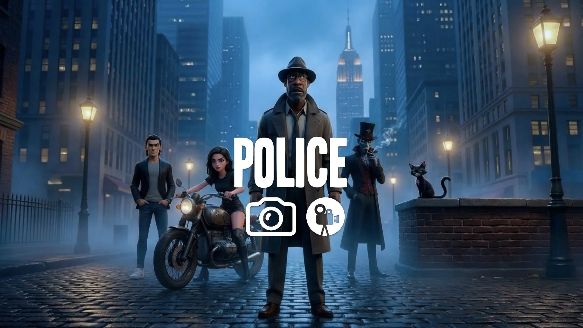 1. Blue tint city skyline night empire state building fog moody atmosphere cinematic wide shot no music