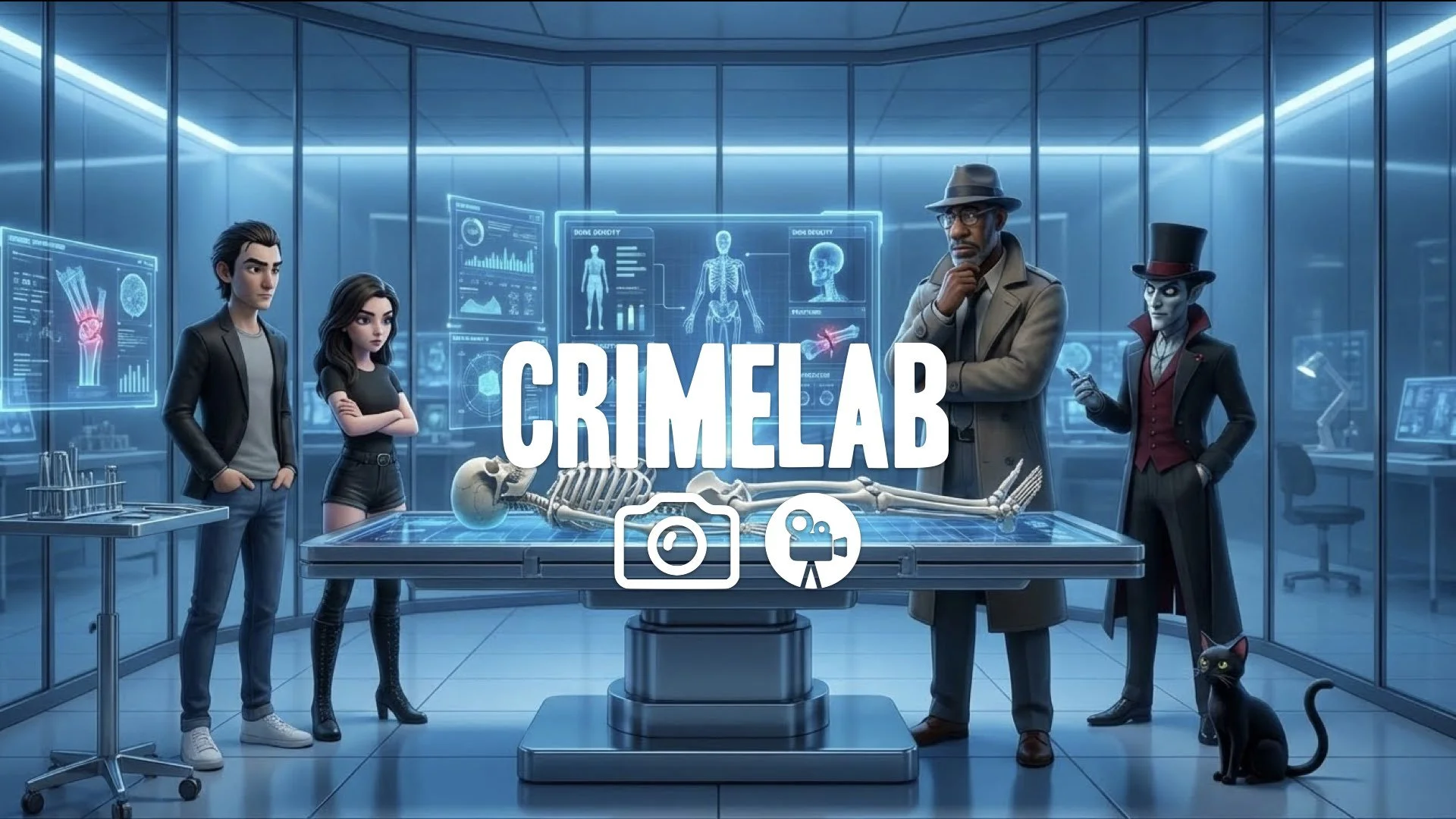 1. Forensic lab glass walls high tech screen holograms skeleton analysis blue lighting futuristic no music