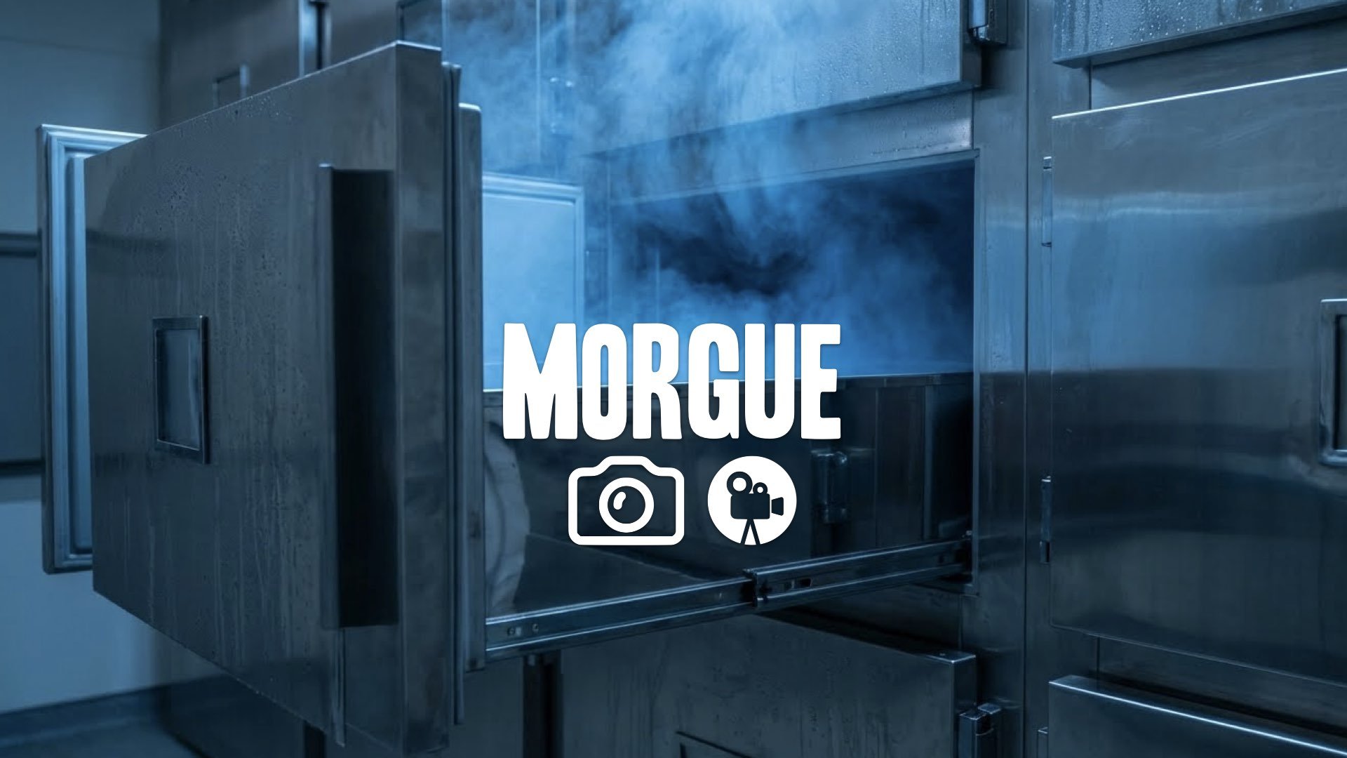 1. Morgue drawer sliding open cold vapor rising blue stainless steel reflection cinematic no music