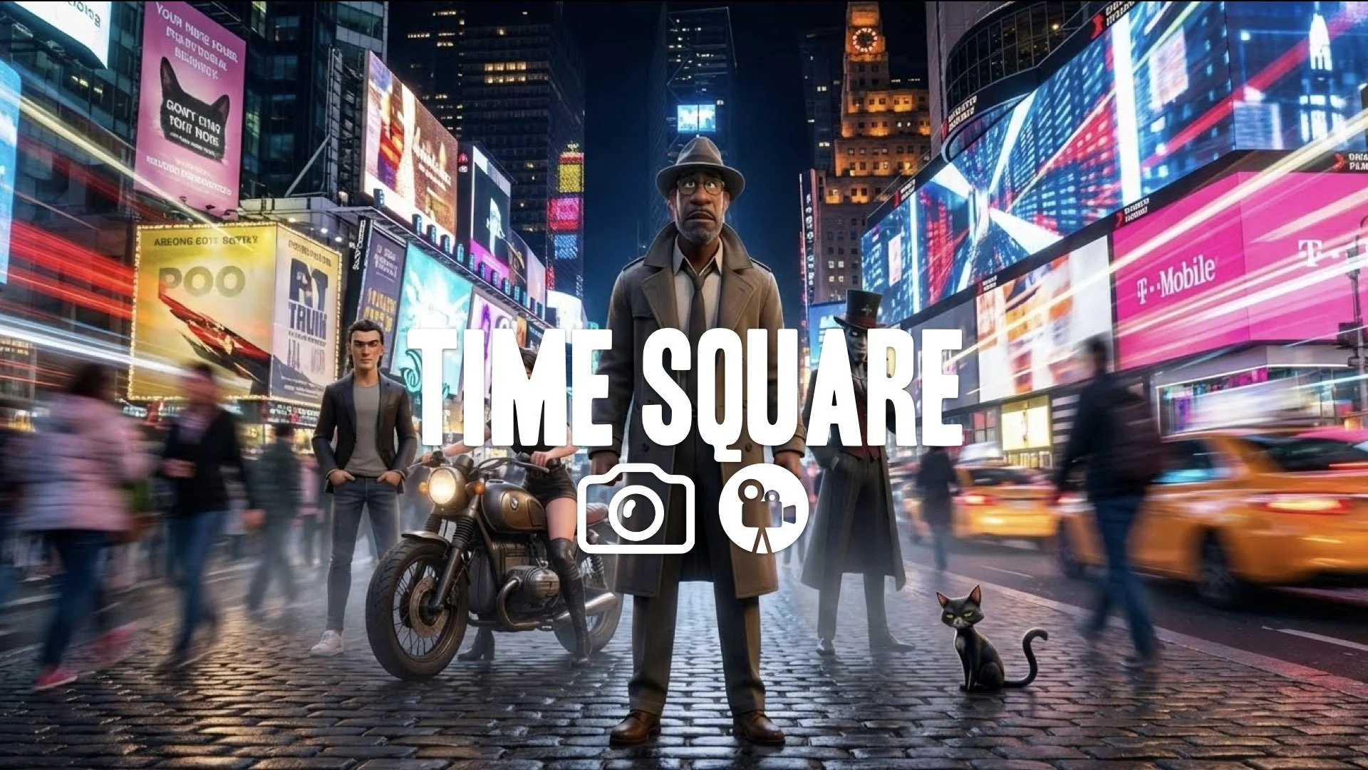 1. Times Square crowd blur moving fast neon lights flashing chaotic energy night no music