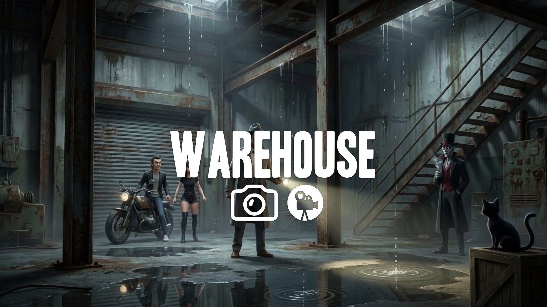 1. Abandoned warehouse rusty beams water dripping echo stairs flashlight search tension no music