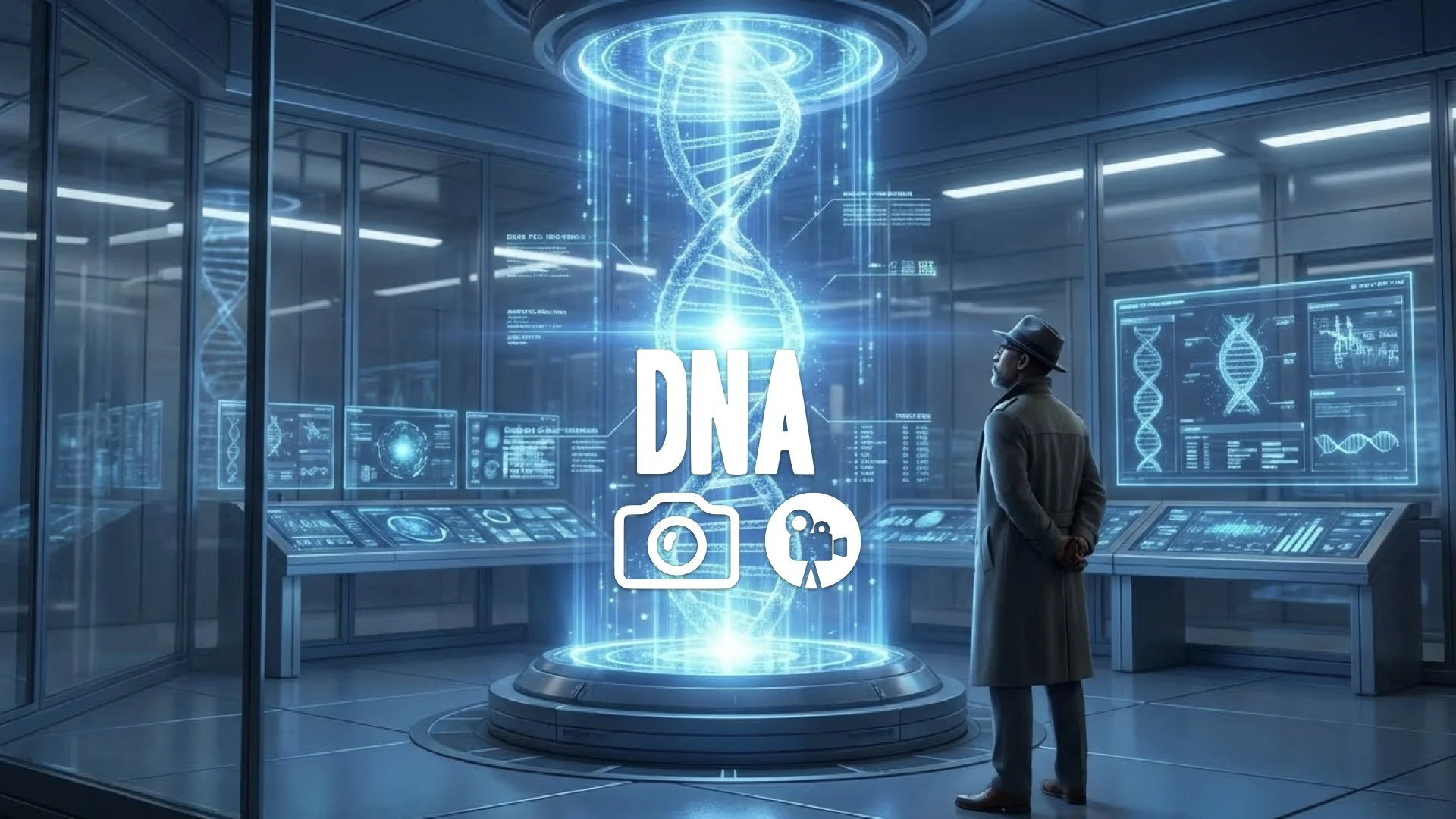 1. DNA helix holographic projection spinning blue light lab interface futuristic tech no music