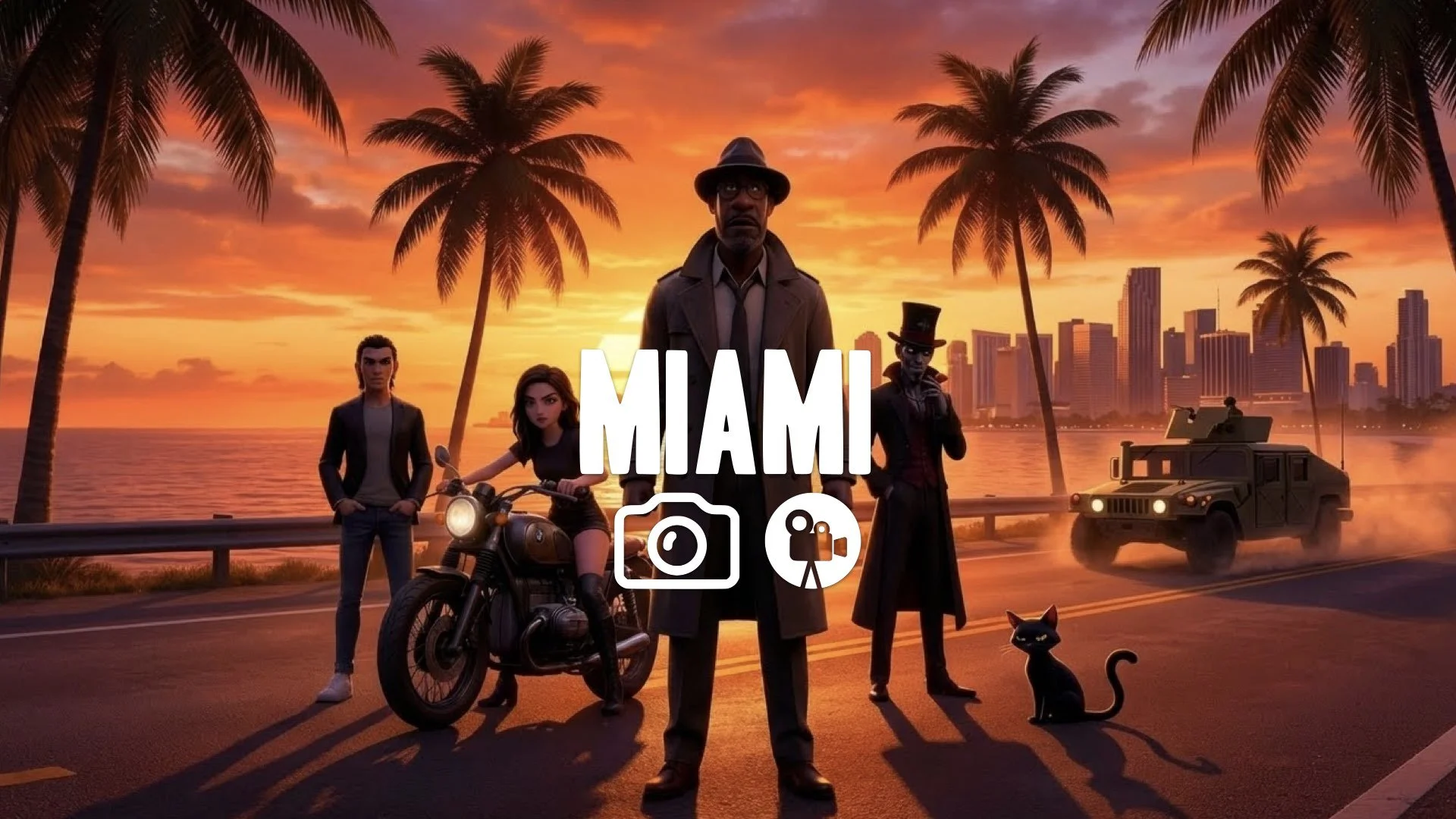 1. Orange sunset over ocean miami skyline palm trees silhouette humvee driving fast heat haze no music