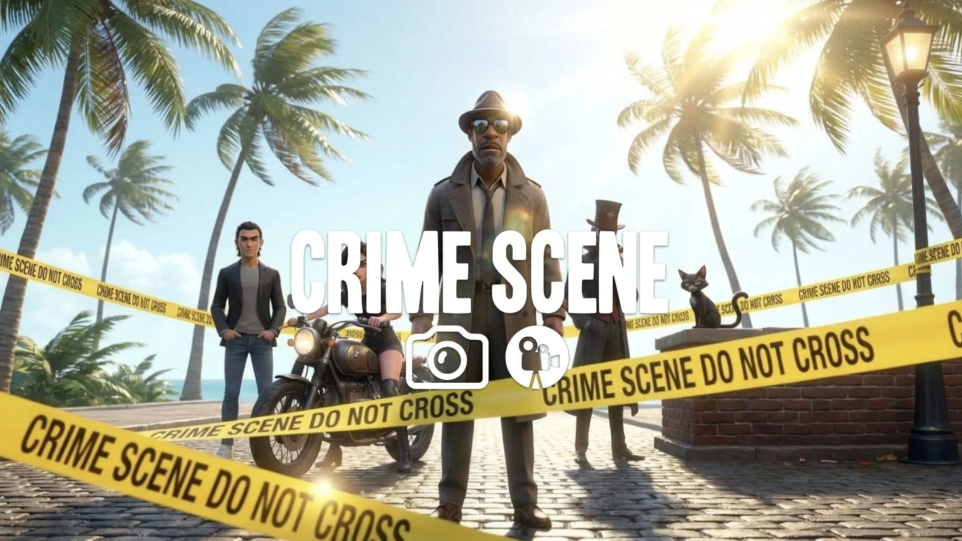 1. Sunglasses reflection palm trees crime scene tape waving wind bright sunlight lens flare no music