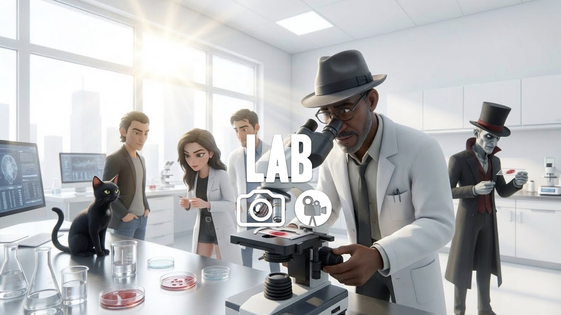 1. Modern white lab bright windows sunbeams microscope lens macro shot blood cell evidence no music