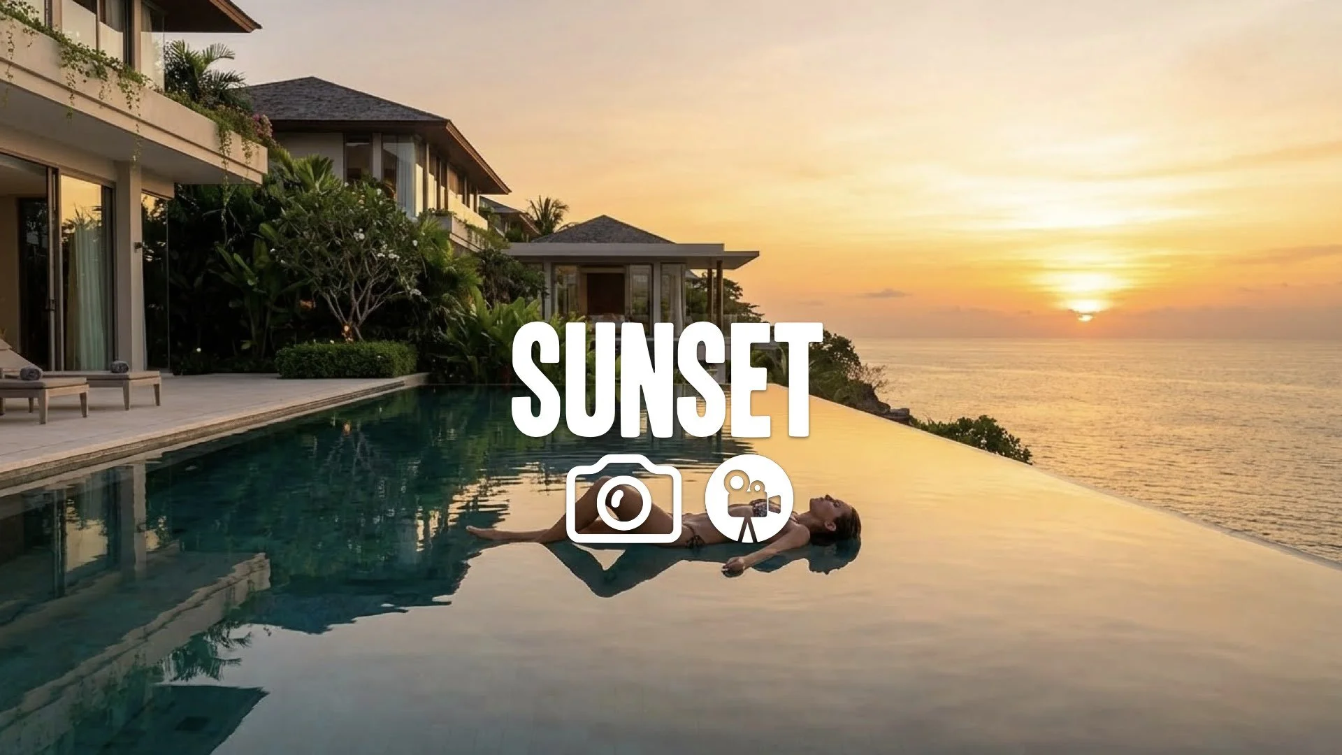1. Infinity pool edge overlooking ocean bikini body floating reflection luxury villa sunset no music