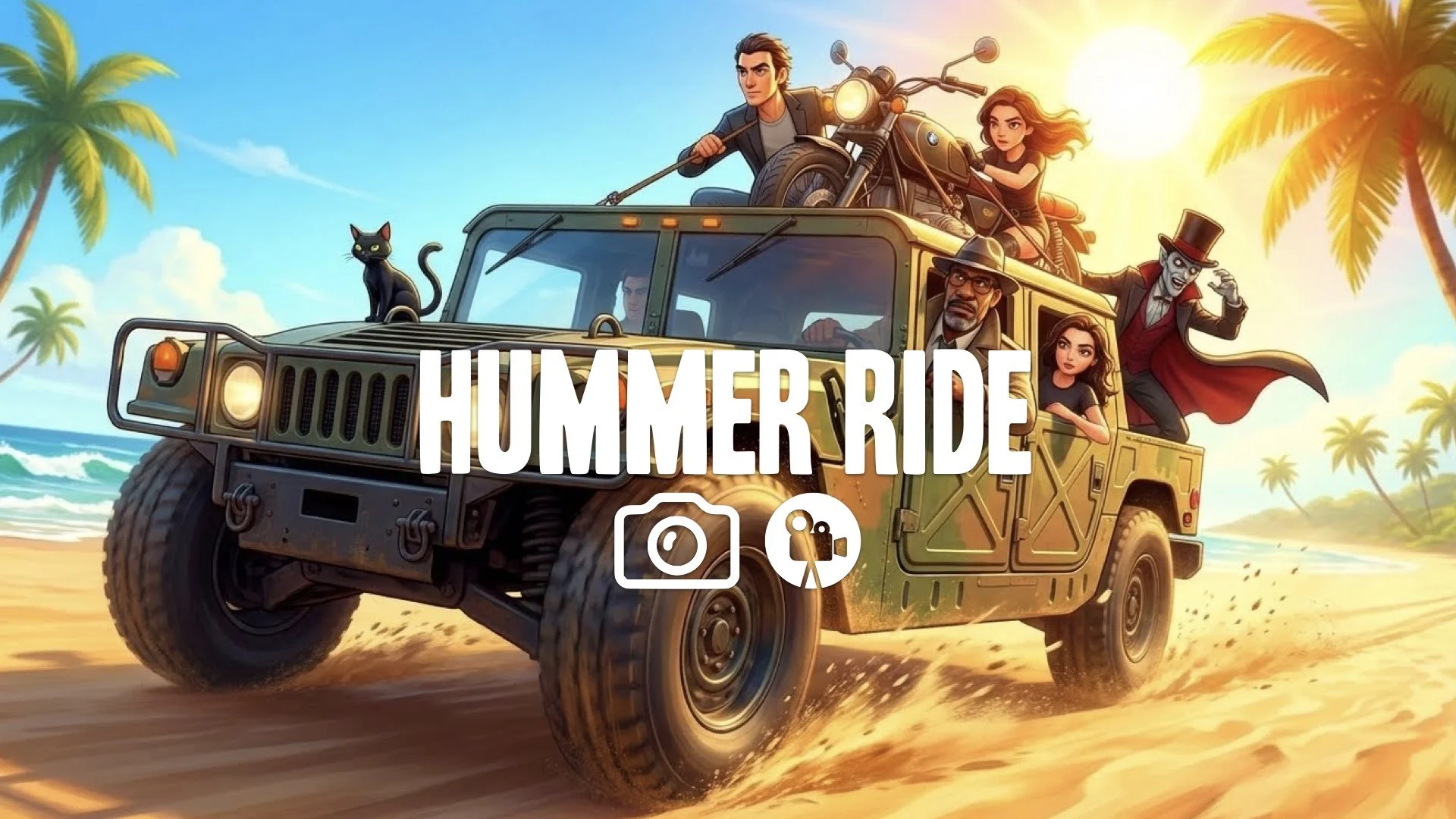 1. Humvee driving on sandy beach tires kicking up sand bright sun saturated colors action no music