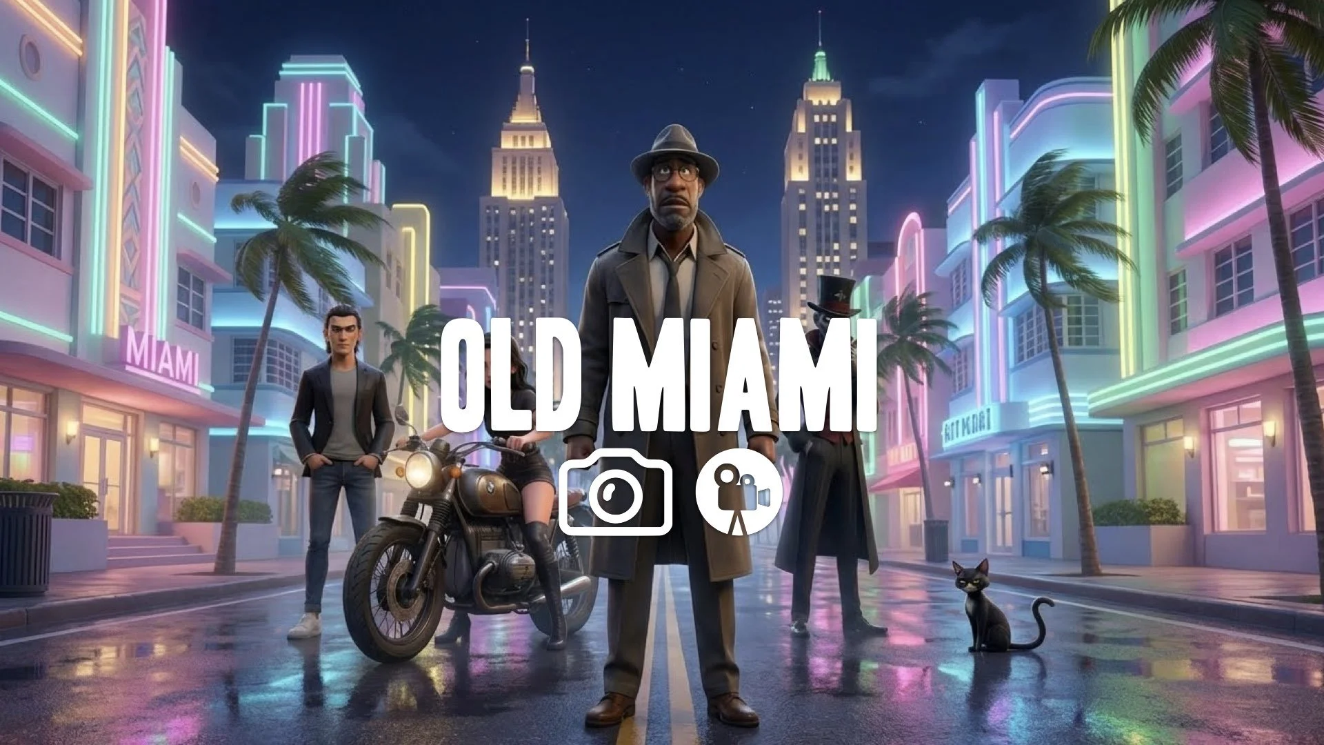 1. Miami art deco architecture neon pastel colors night palm trees swaying wind vibe no music