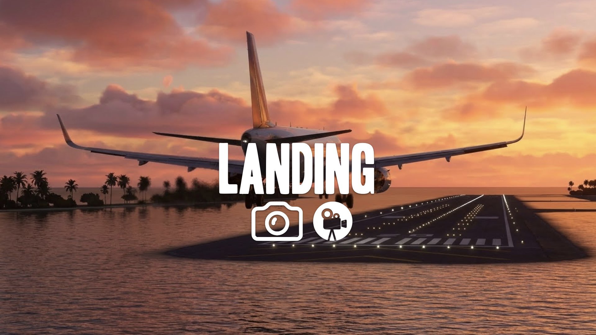 1. Plane landing over water low approach heat distortion runway lights tropical sunset no music