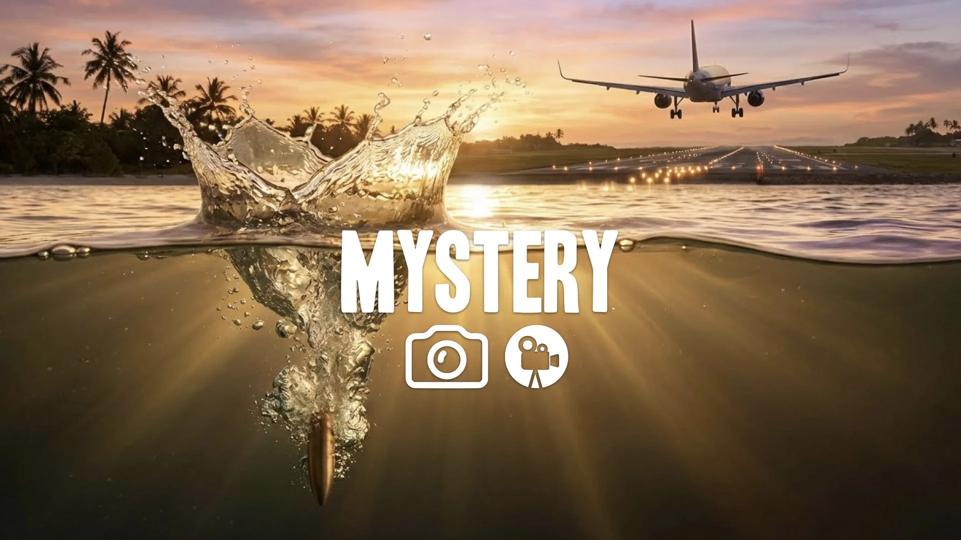 1. Plane landing over water low. Bullet hitting water slow motion splash bubbles rising sun rays penetrating surface no music heat distortion runway lights tropical sunset no music