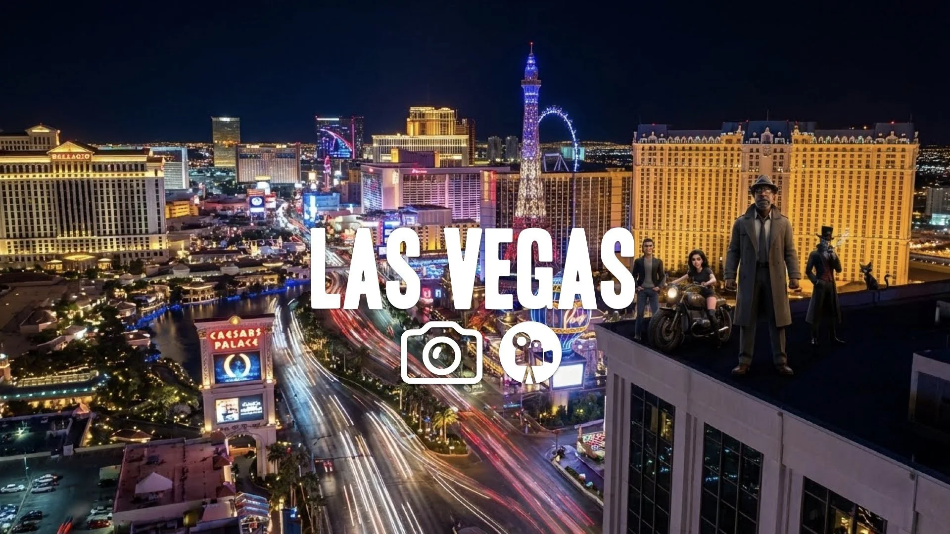 1. Las Vegas strip neon lights night aerial drone view cars traffic blur casino glitter no music