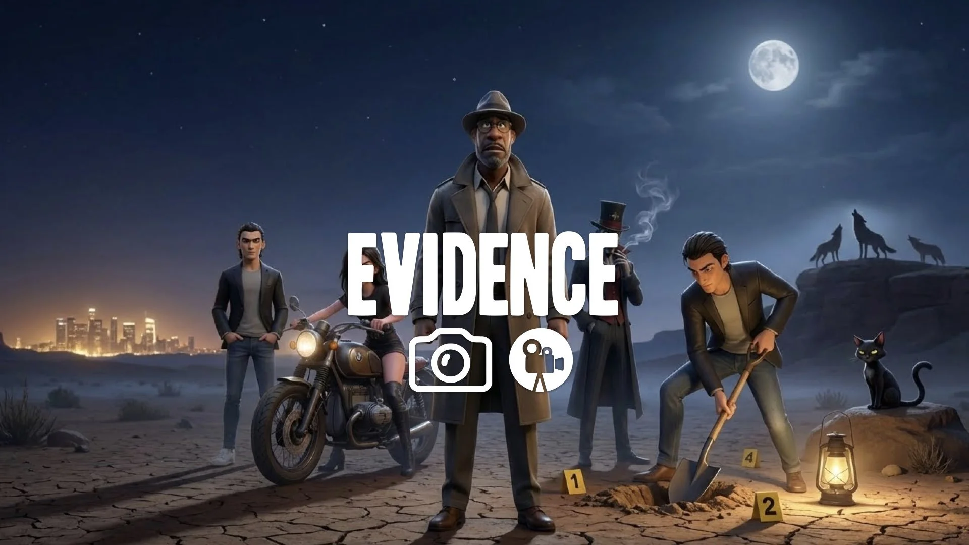 1. Desert crime scene night coyotes howling distant city glow dry dirt shovel digging evidence no music