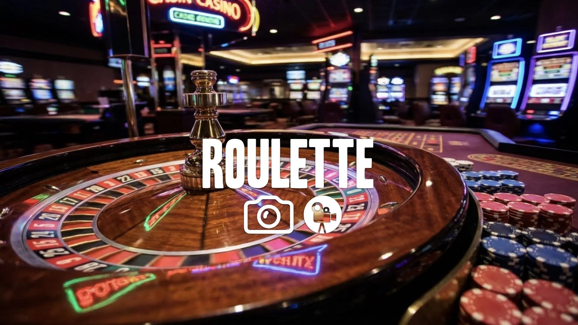 1. Casino floor roulette wheel spinning close up ball bouncing chips blurring neon reflection no music