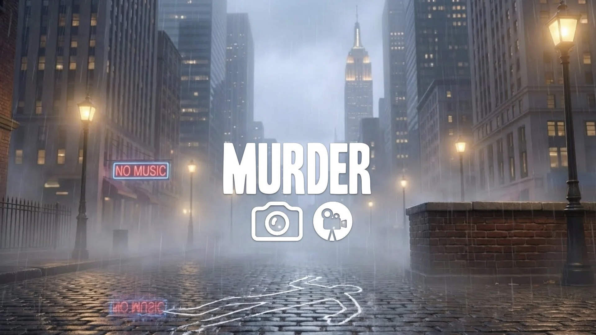 1. Body outline chalk pavement rain washing it away neon sign reflection gritty street no music