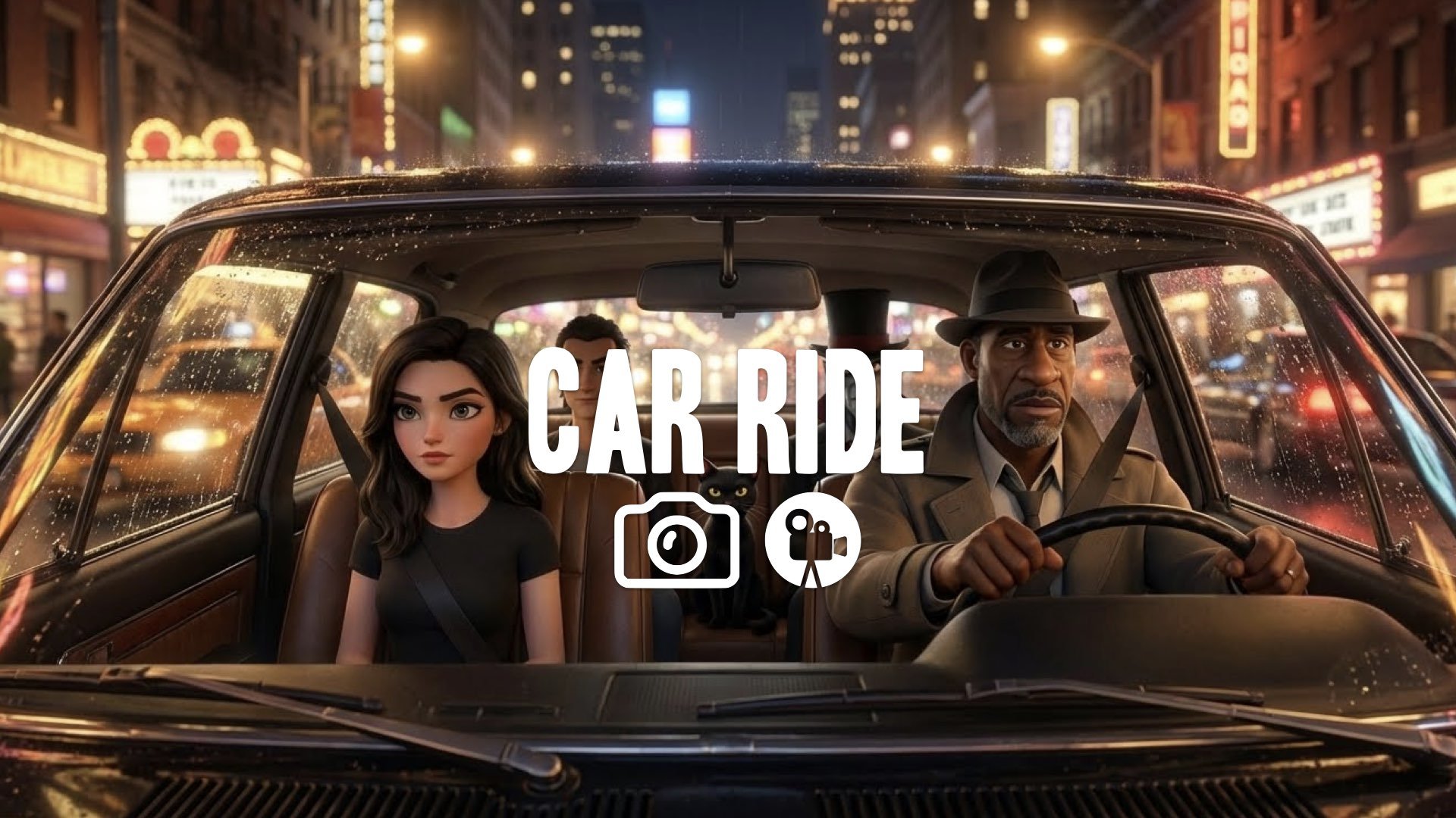 1. Interior car shot driving down strip night lights reflecting on windshield bokeh effect no music