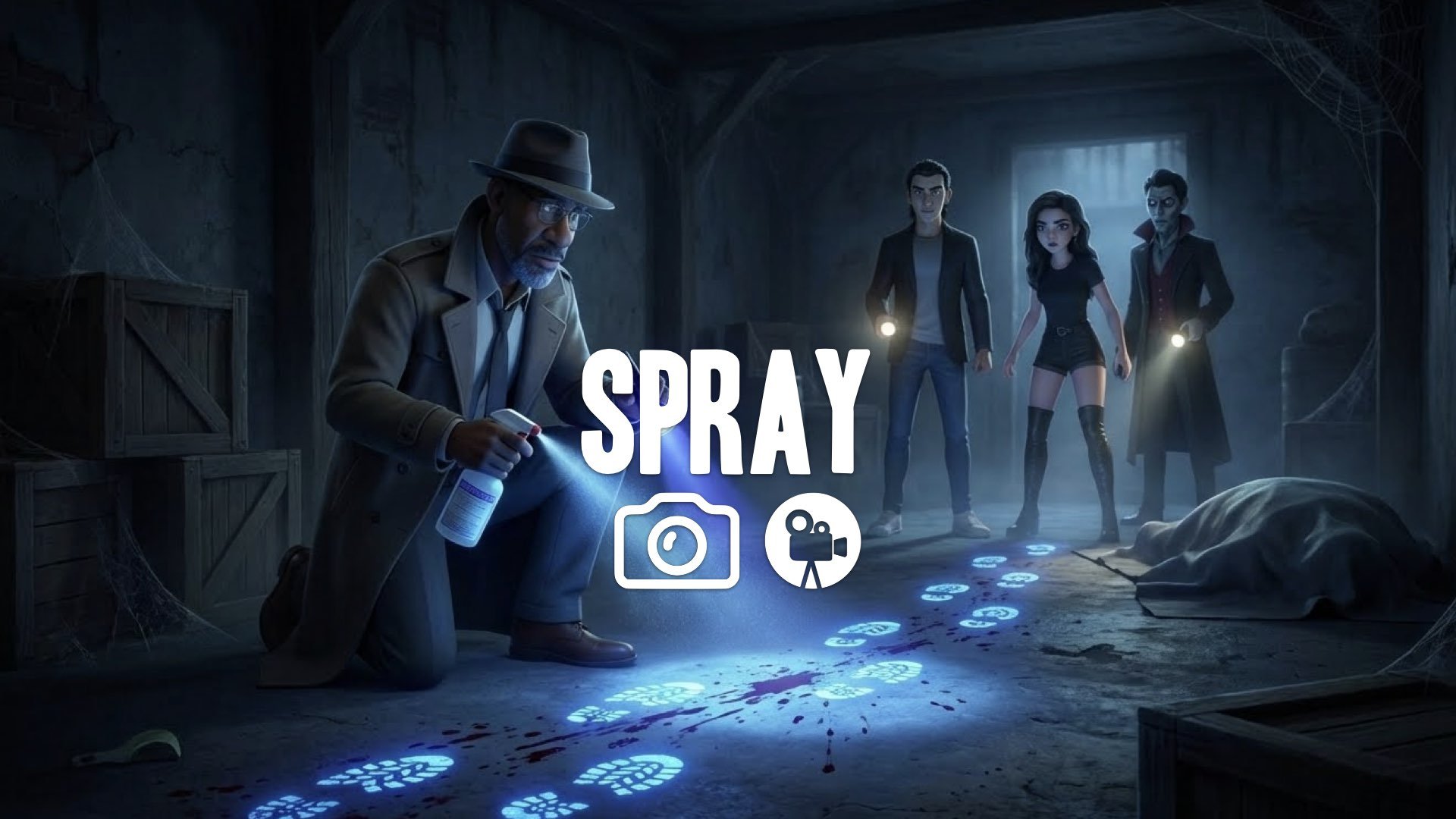 1. Luminol spray in dark room glowing blue blood trail revealing hidden evidence eerie no music