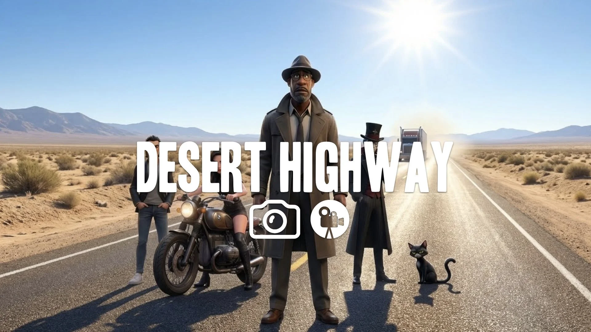 1. Desert highway long straight road heat haze shimmering distant semi truck approaching no music