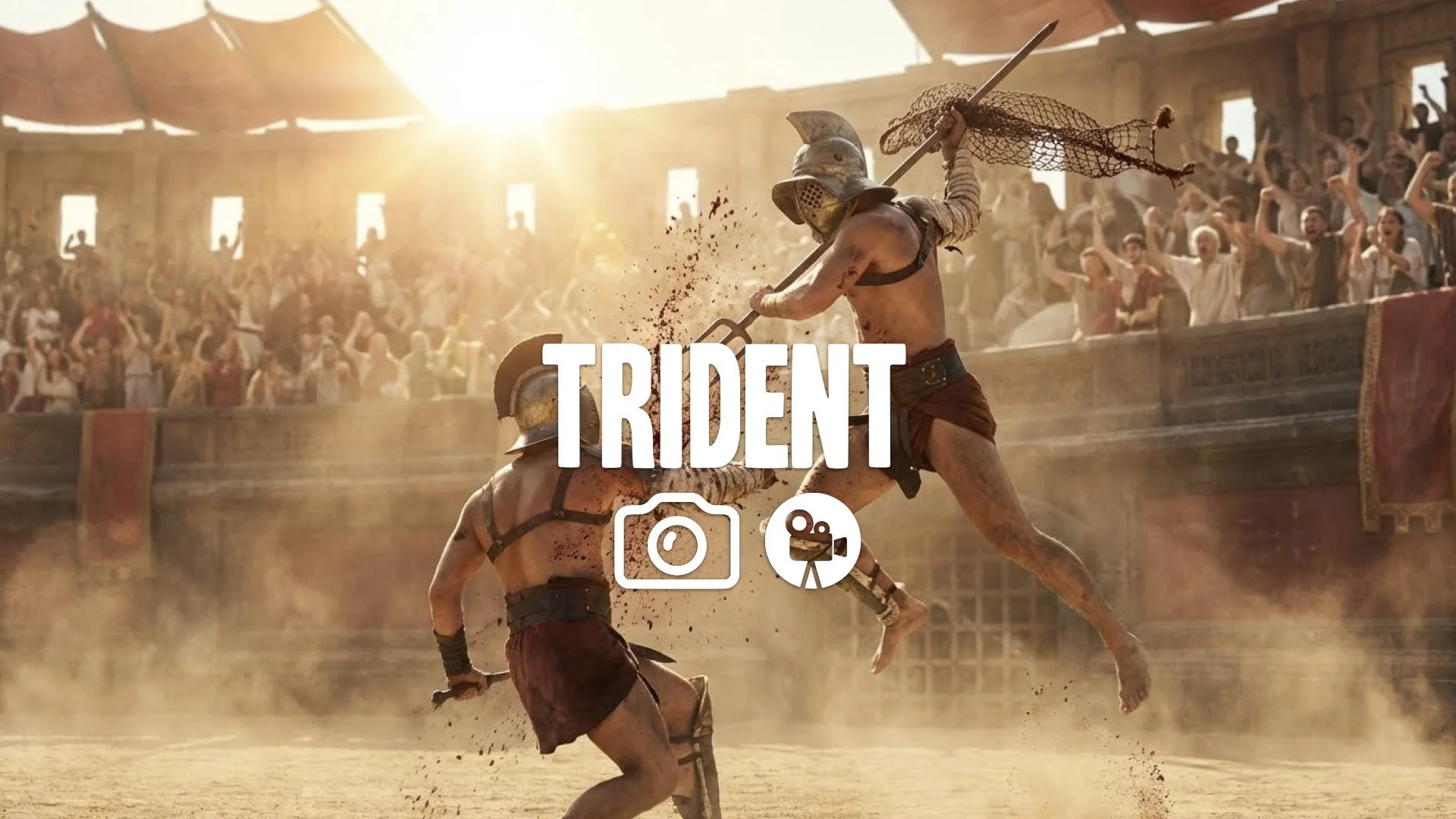 1. Gladiator arena fight slow motion blood spray sand kicking up crowd cheering intense sun lens flare no music