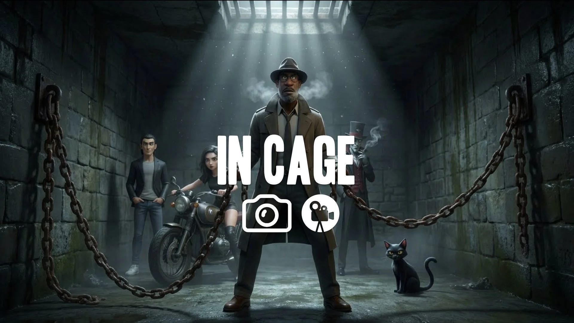 1. Grimy underground cell chains rattling heavy breathing light shaft illuminating floating dust motes tension no music