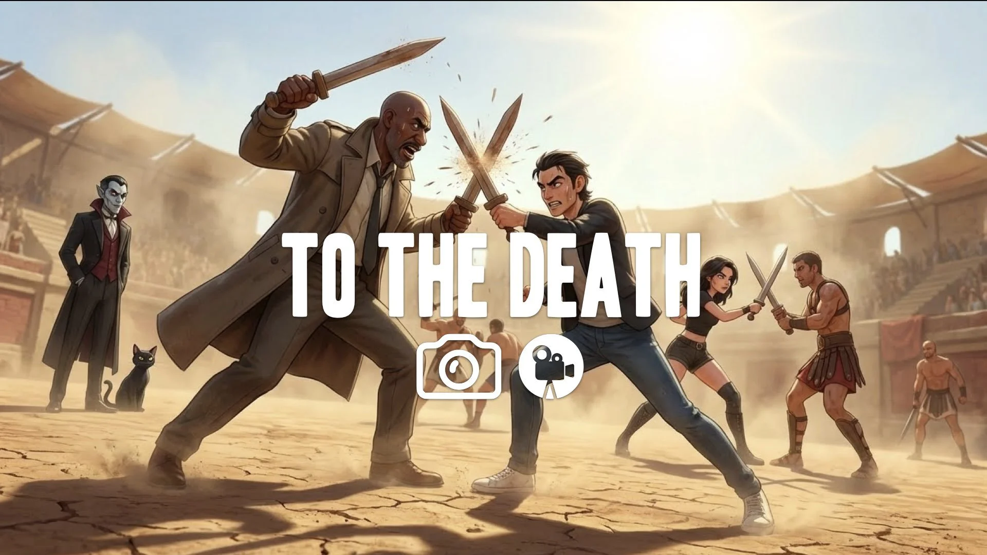 1. Ludus training yard wooden swords clashing sweat flying sun baked ground brutal drills dynamic camera no music