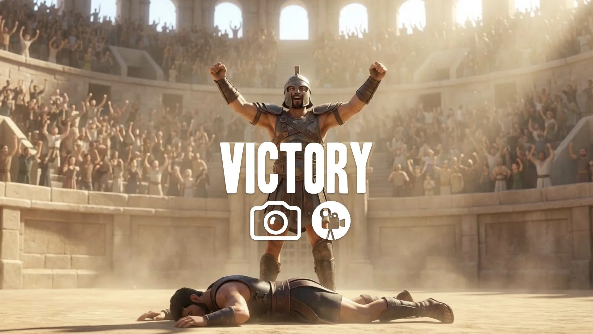 1. Victorious gladiator standing over defeated opponent in arena arms raised roaring crowd sunlight no music