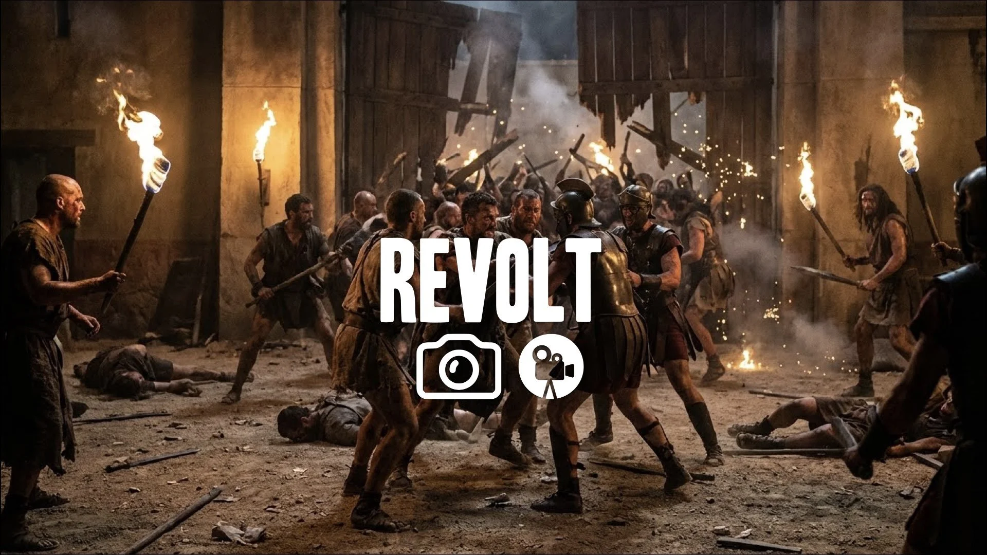 1. Slave revolt ludus gate breaking guards fighting chaos fire torches night massacre slow motion violence no music