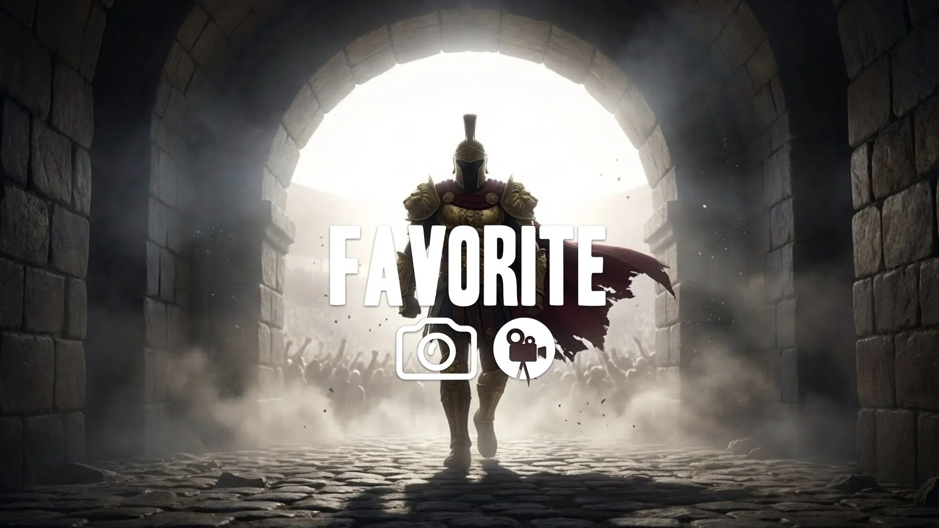 1. Champion gladiator in golden armor walking into arena tunnel light at end silhouette roaring sound no music