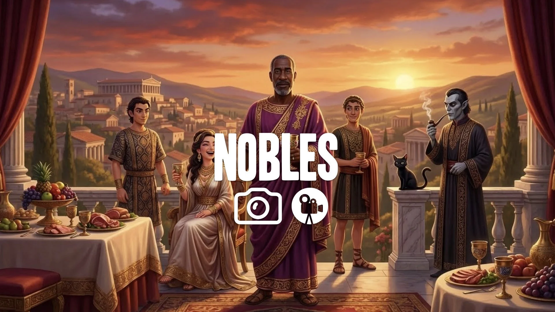 1. Roman villa balcony opulent party decadent costumes golden goblets sunset view of Capua rich colors no music