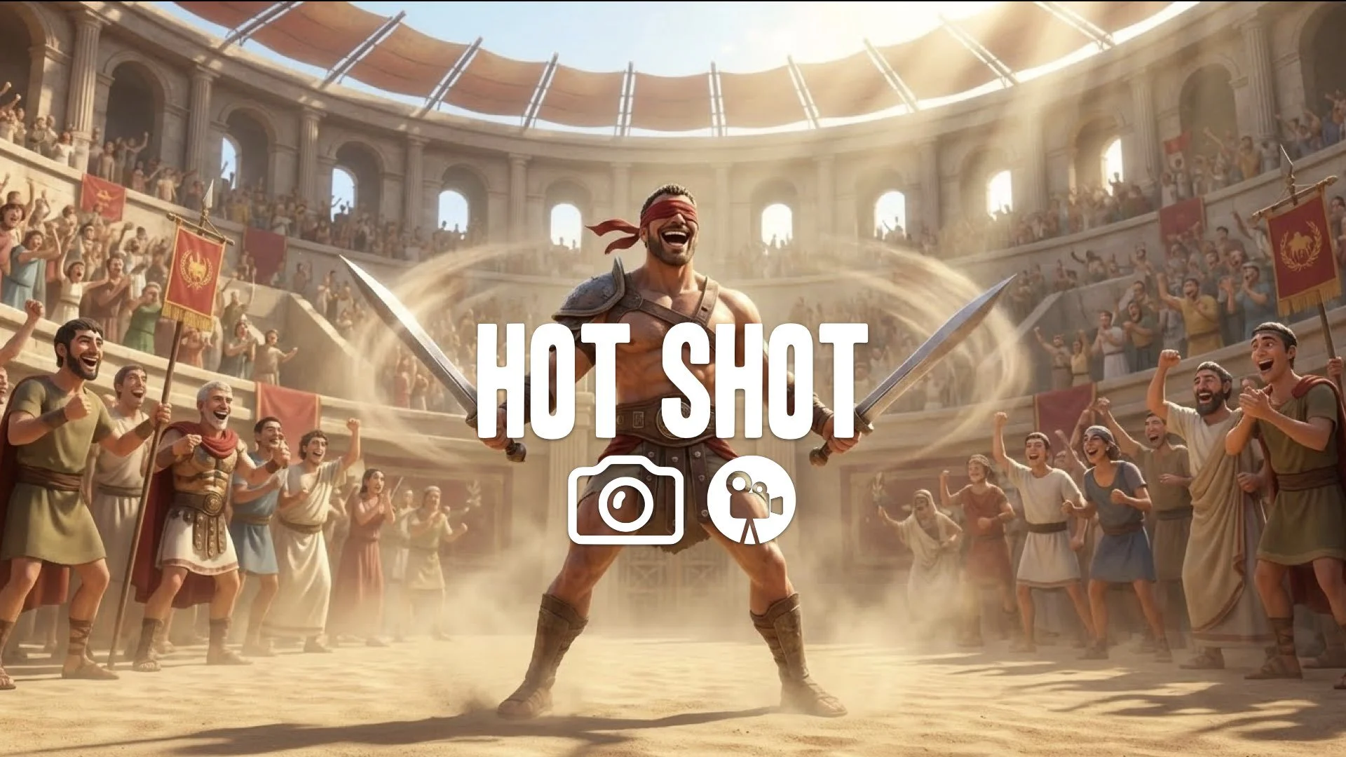 1. Cocky gladiator fighting blindfolded in arena spinning twin swords laughing crowd cheering sunlight no music